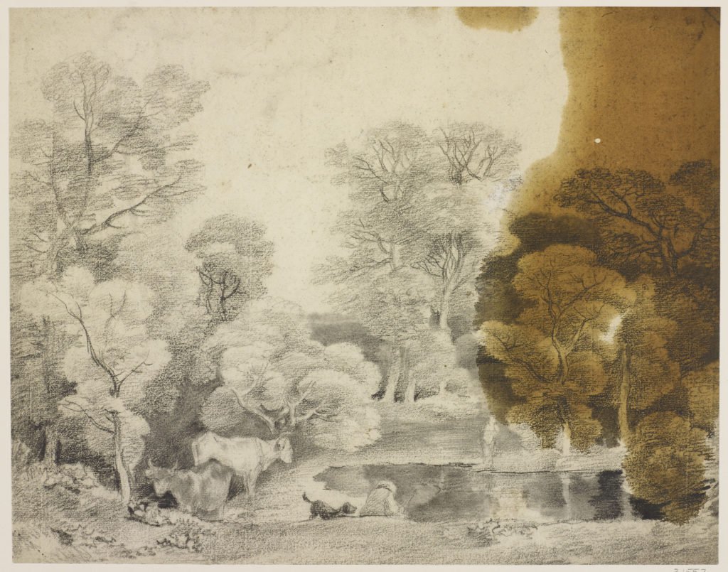 A drawing in black chalk and stump showing trees and a lake, with cows at the water’s edge, and a man and his dog. Large oil stain to right. Courtesy Royal Collection Trust/© Her Majesty Queen Elizabeth II 2017.