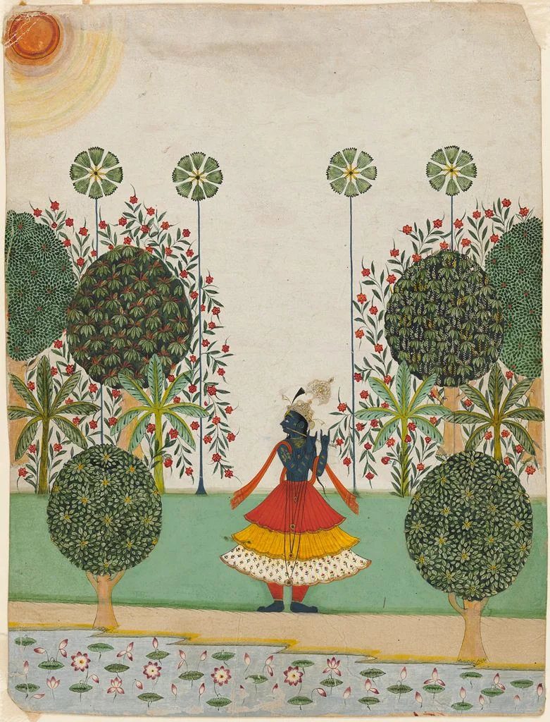 Krishna Fluting in the Forest, c. 1720-1740 Jaipur. By anonymous. Collection of Harvard University Art Museum.