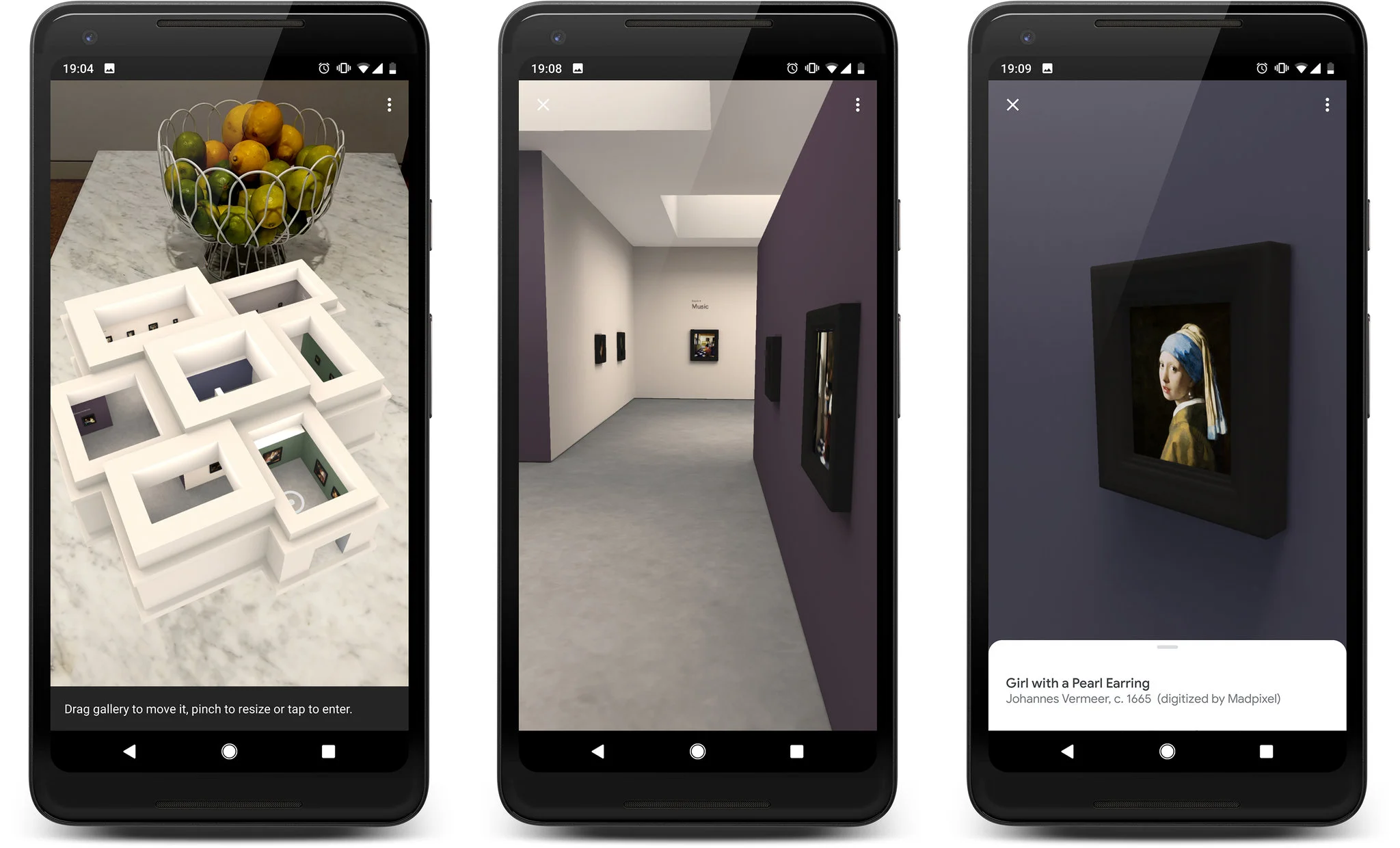 Meet Vermeer, a new augmented-reality app from the Mauritshuis museum and Google, is a virtual museum containing images of all authenticated Vermeer paintings. From left, an overhead view of the galleries in miniature; a look inside the space; and “Girl With a Pearl Earring” on the wall.CreditCreditvia Mauritshuis/Google Arts & Culture