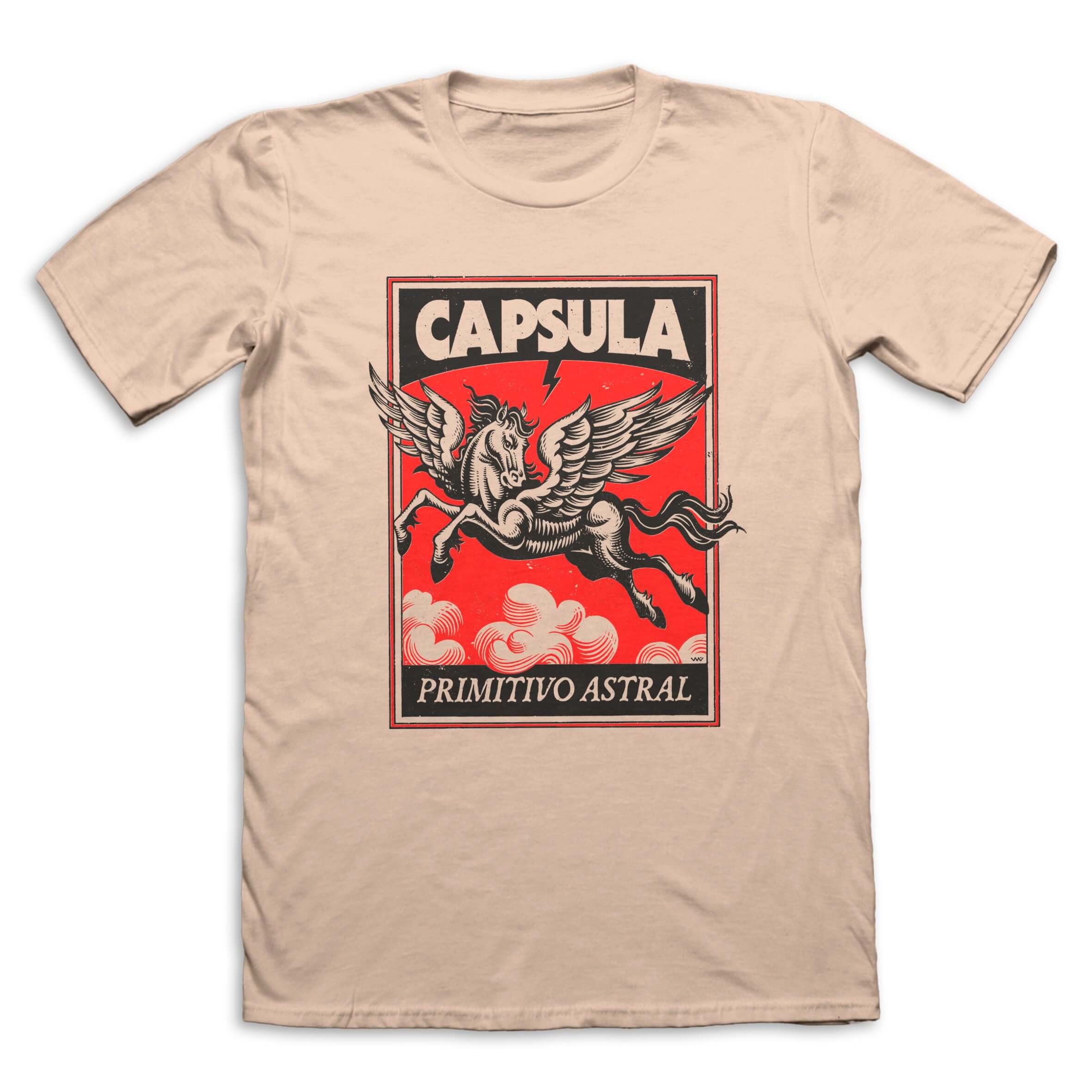 Capsula Primitivo Astral sand t-shirt with unique rock-inspired design, official band merchandise for alternative music fans, available worldwide