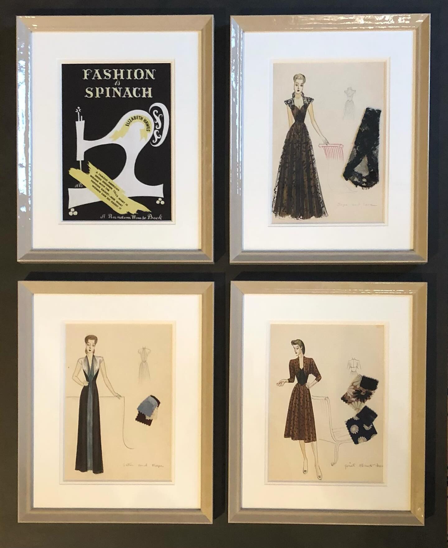 Original fashion illustrations with fabric samples.

#@isastitches
#vintagefashion
#customframeshop 
#truvuemuseumglass 
#bedfordvillageny 
#northernwestchester