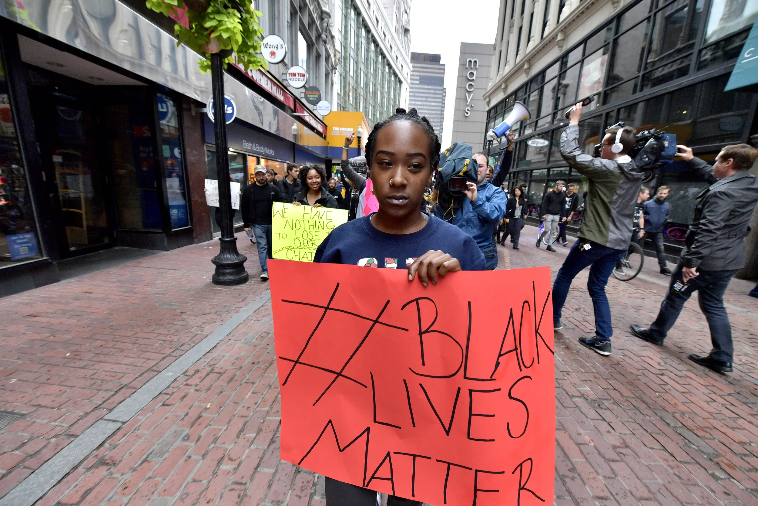 BOSTON, MA, July 10, 2016: Several hundred Black Lives Matter protestors gathered to march in downtown Boston from Downtown Crossing to Dudley Square on July 10, 2016. Boston Police guided them through the streets of Boston and the protest took place without incident. CREDIT: Paul Marotta