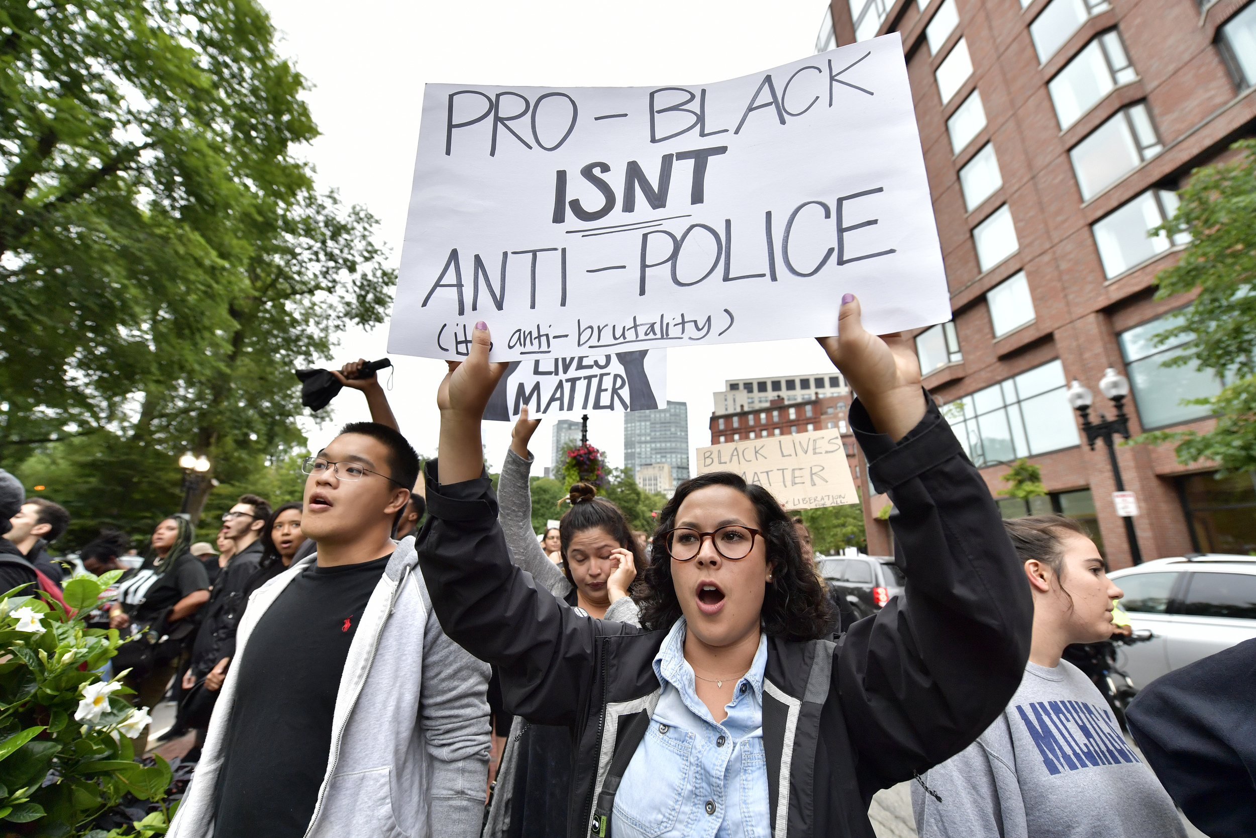  BOSTON, MA, July 10, 2016: Several hundred Black Lives Matter protestors gathered to march in downtown Boston from Downtown Crossing to Dudley Square on July 10, 2016. Boston Police guided them through the streets of Boston and the protest took plac