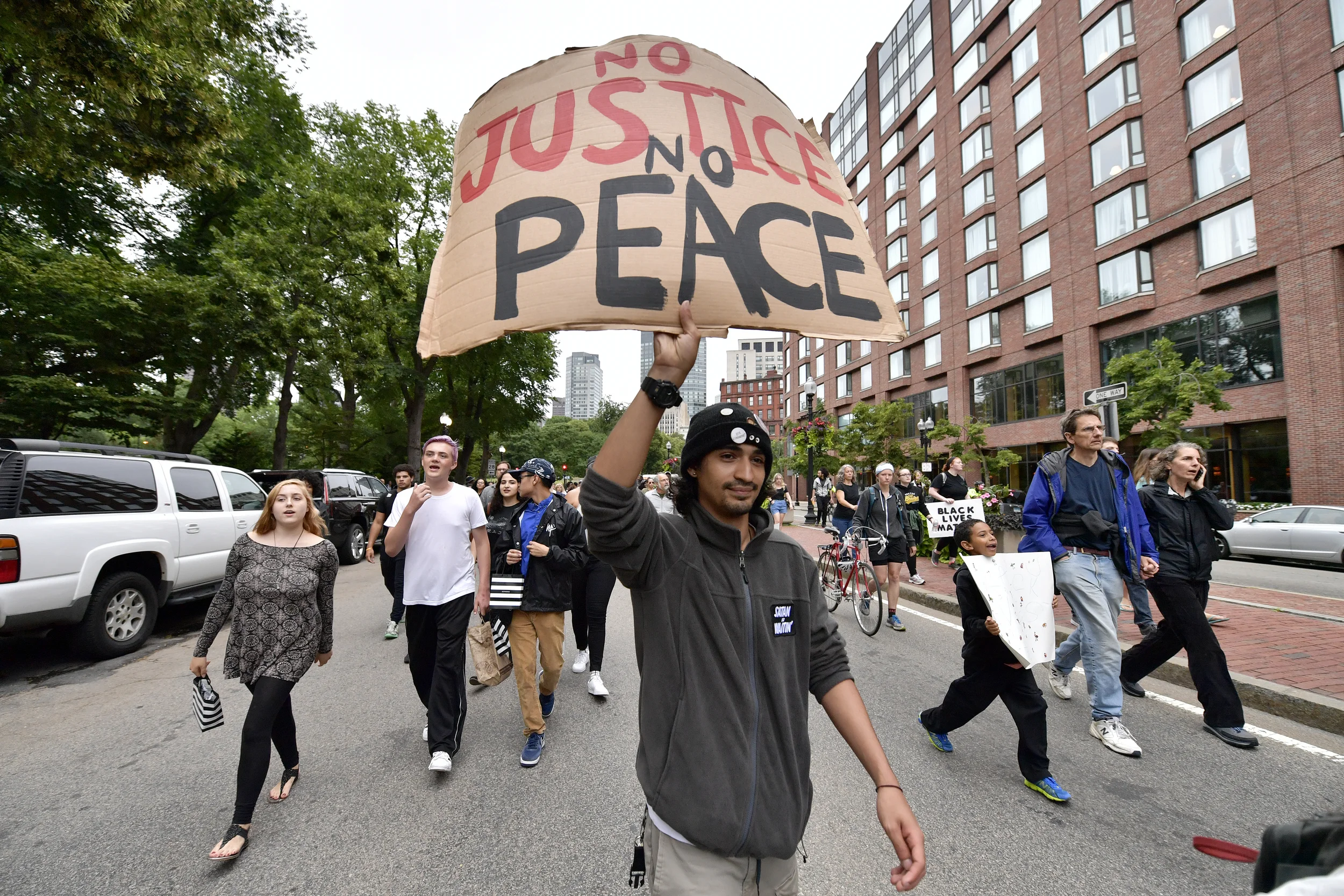 BOSTON, MA, July 10, 2016: Several hundred Black Lives Matter protestors gathered to march in downtown Boston from Downtown Crossing to Dudley Square on July 10, 2016. Boston Police guided them through the streets of Boston and the protest took place without incident. CREDIT: Paul Marotta