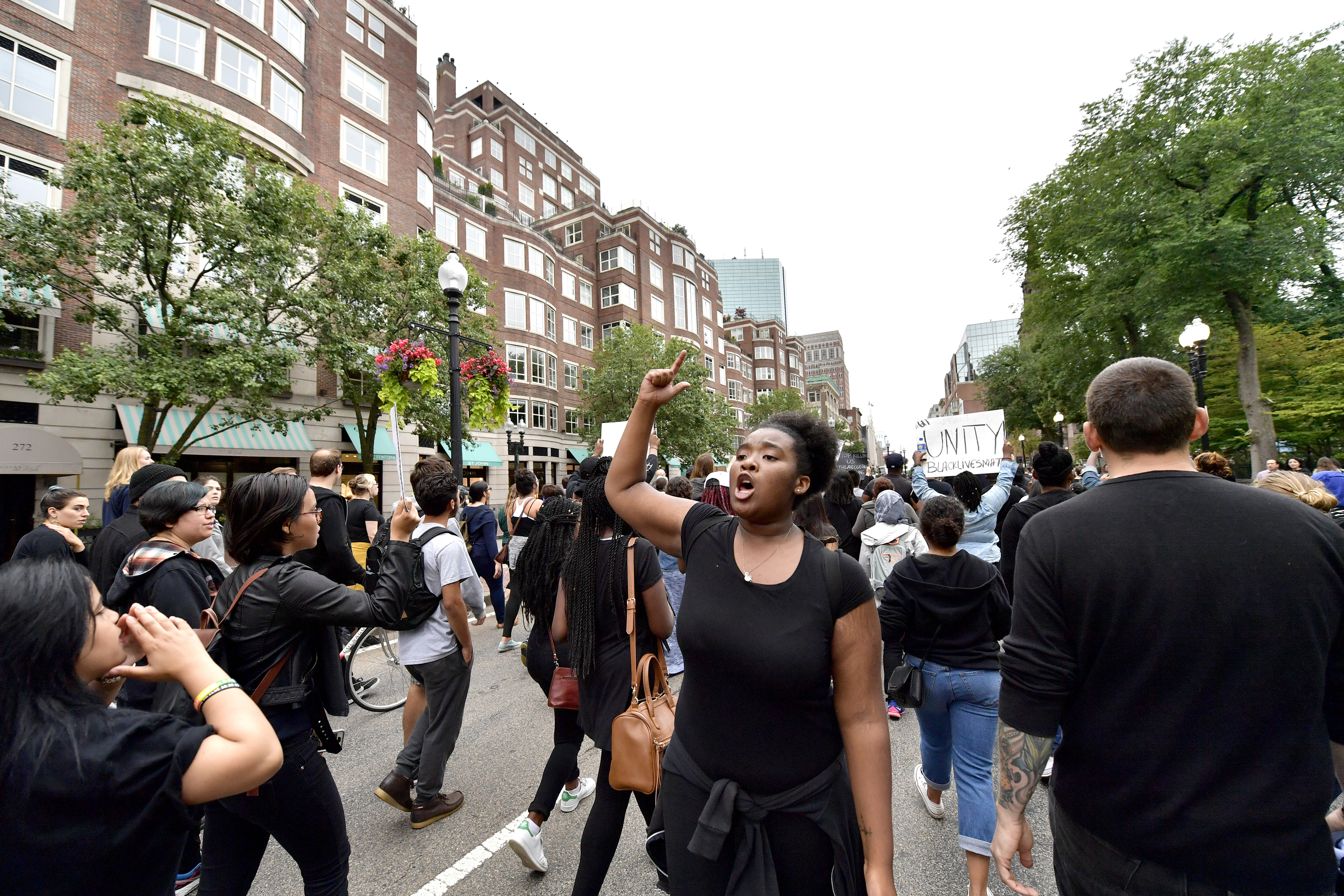  BOSTON, MA, July 10, 2016: Several hundred Black Lives Matter protestors gathered to march in downtown Boston from Downtown Crossing to Dudley Square on July 10, 2016. Boston Police guided them through the streets of Boston and the protest took plac