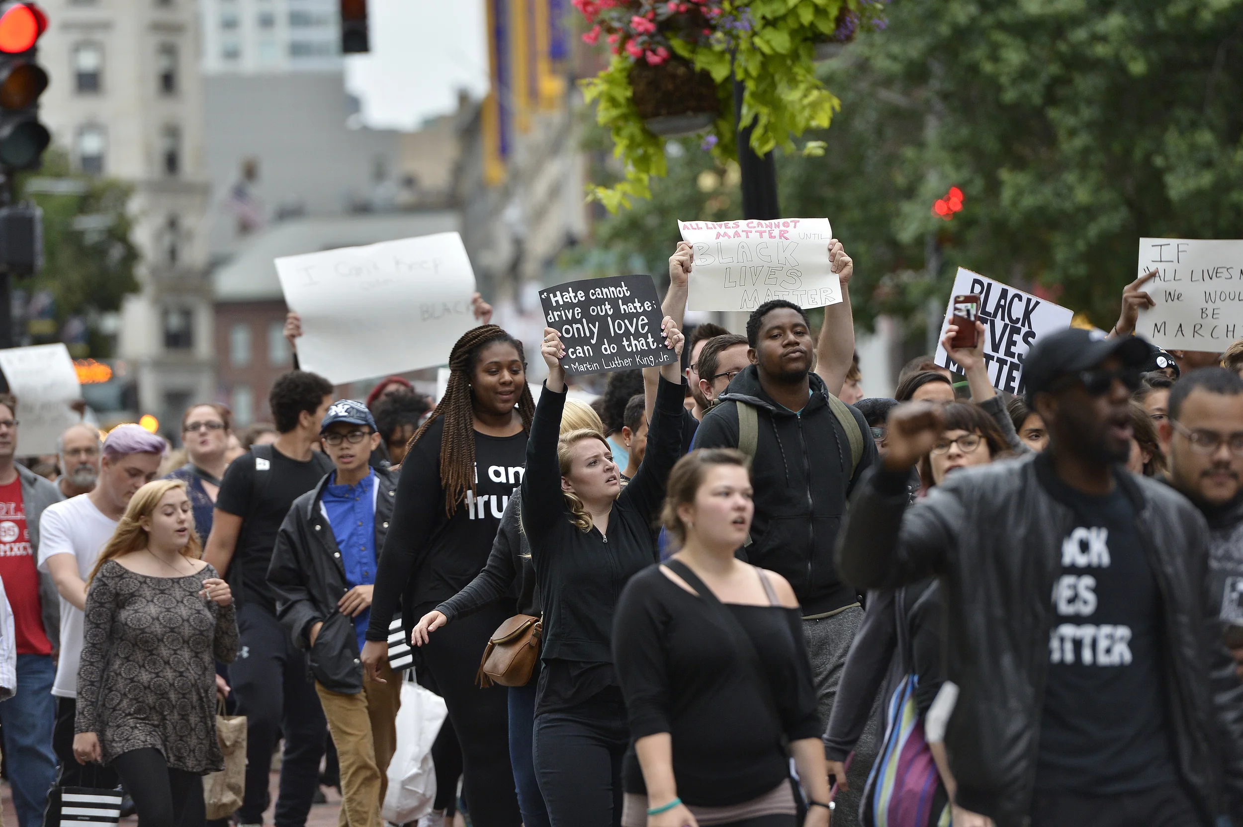 BOSTON, MA, July 10, 2016: Several hundred Black Lives Matter protestors gathered to march in downtown Boston from Downtown Crossing to Dudley Square on July 10, 2016. Boston Police guided them through the streets of Boston and the protest took place without incident. CREDIT: Paul Marotta