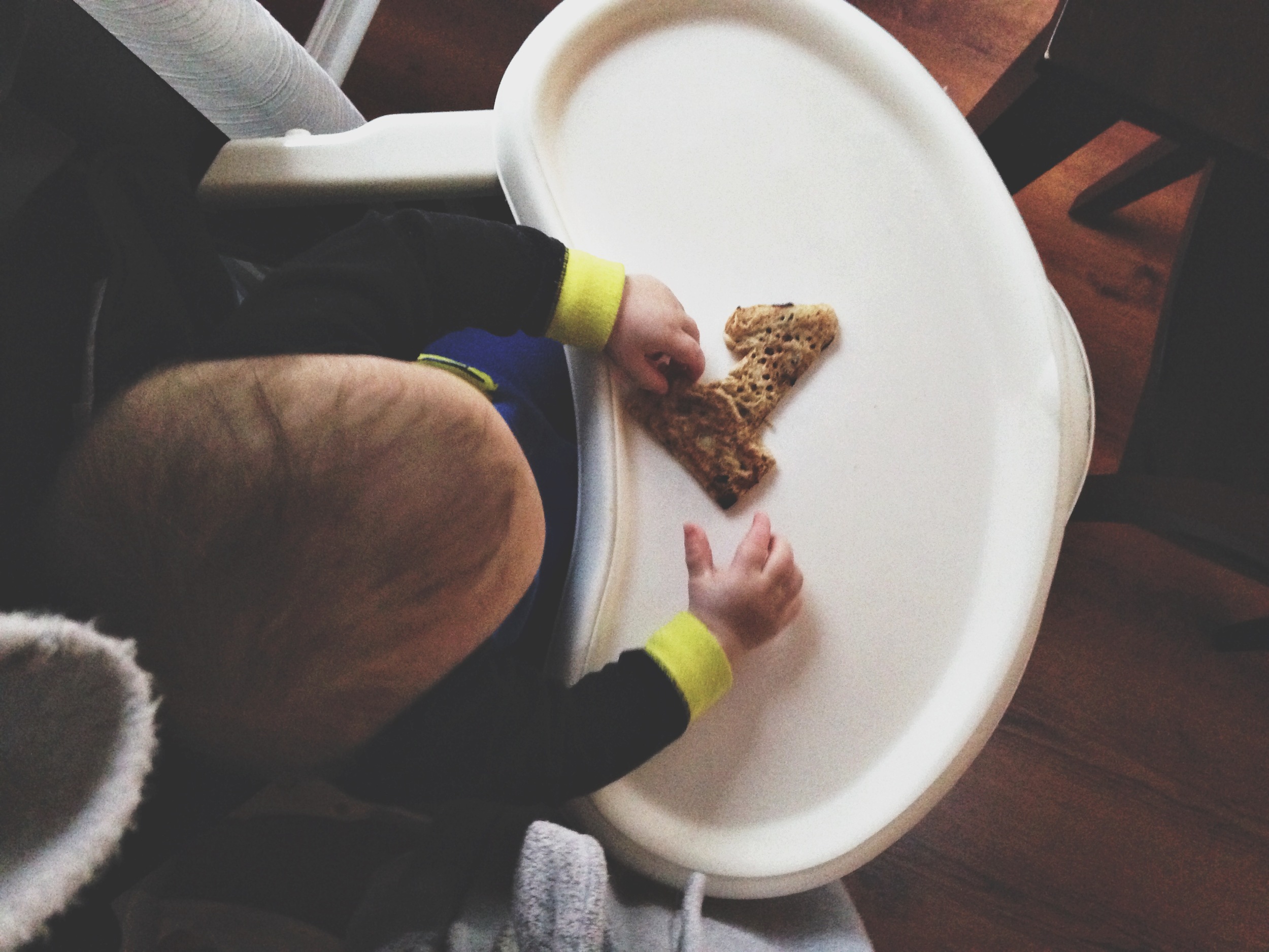 Gluten free, dairy free, chocolate chip "1" pancake that took me 12 attempts. He promptly threw it on the floor.