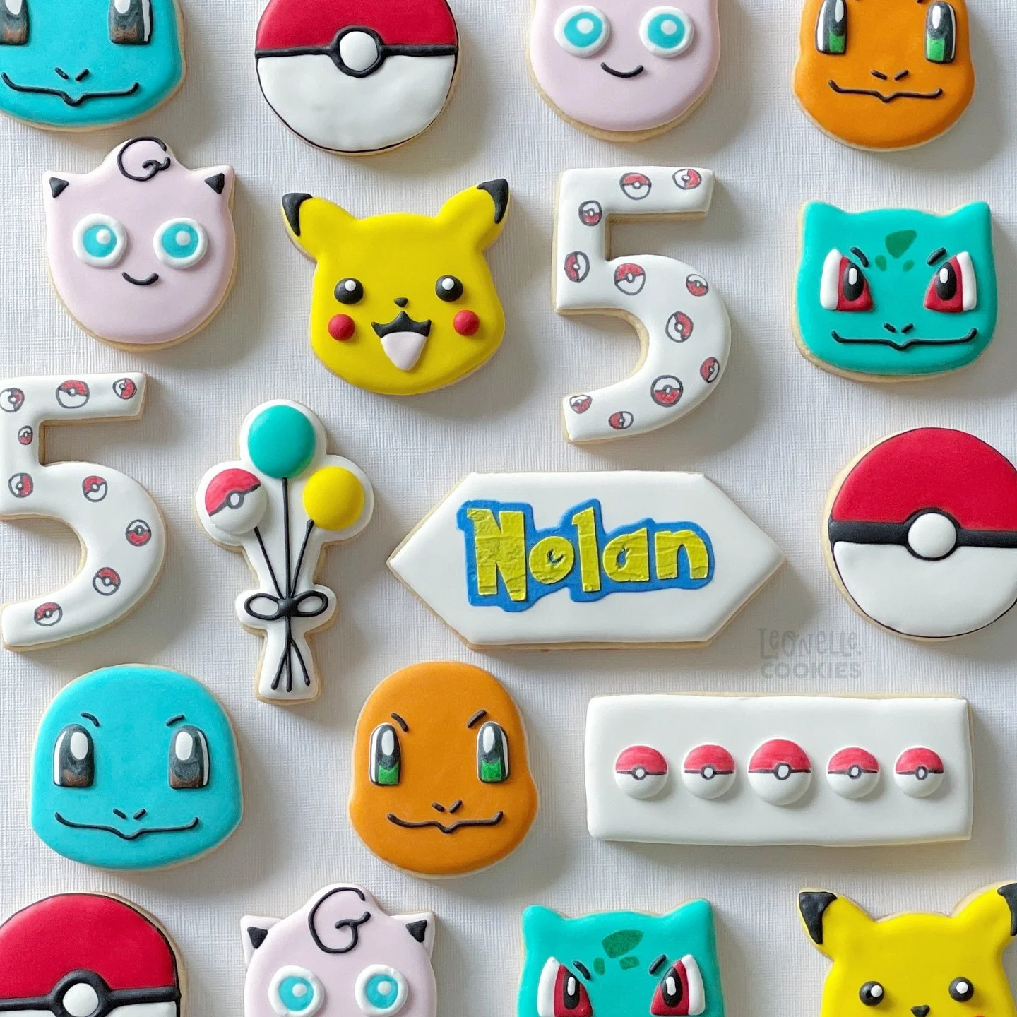 &hearts;️💛🧡🩵 

#leonellecookies #sugarcookies #royalicing #decoratedcookies #cookier #pokemon #birthday #five #pikachu #squirtle #jigglypuff #charmander #bulbasaur