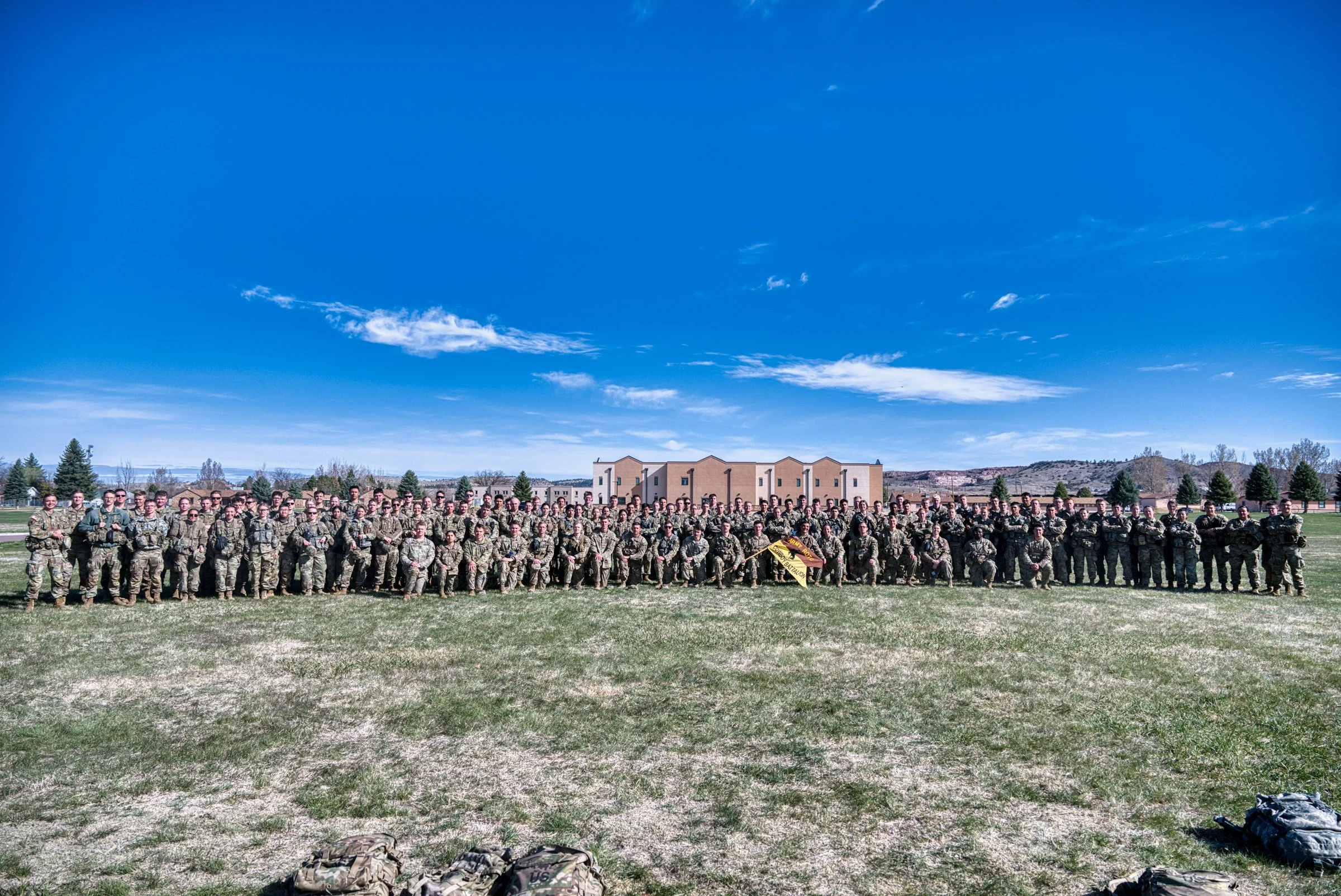 University of Wyoming and Colorado State University Army ROTC cadets full group photo at Camp Guernsey joint field training exercise April 2025