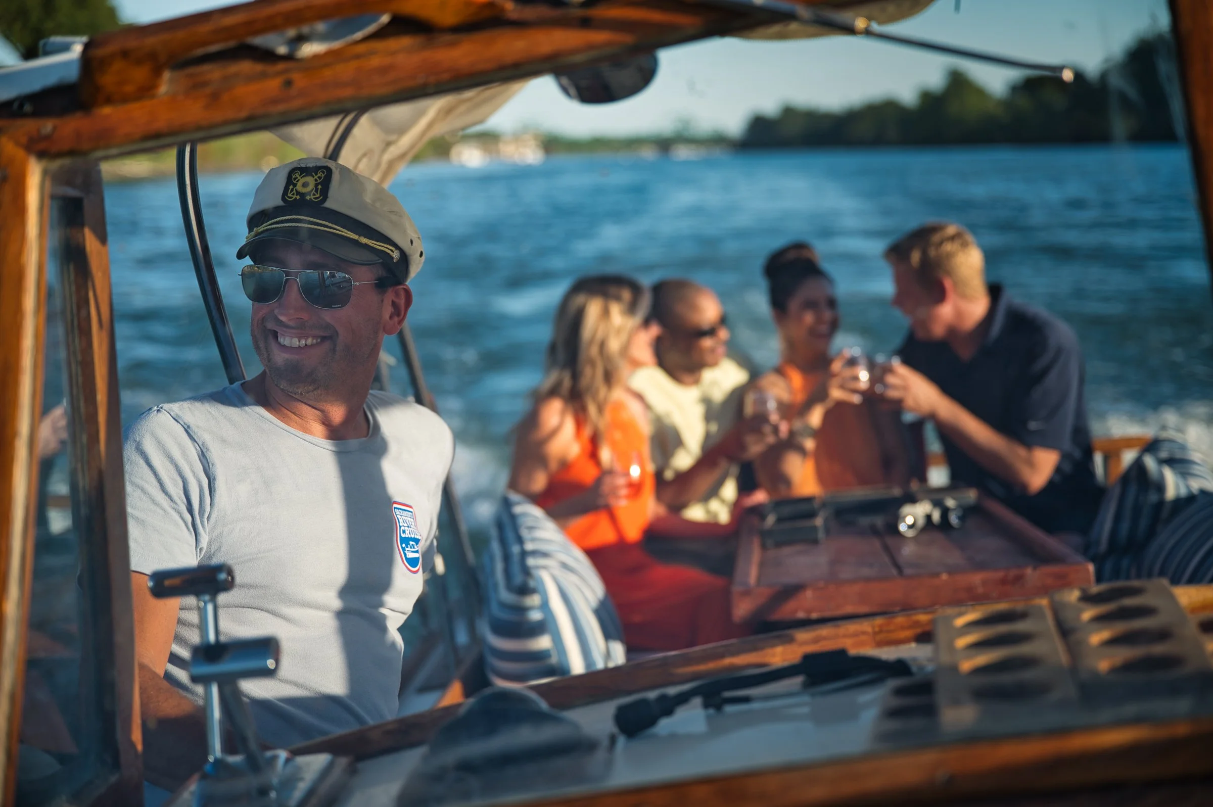 Group of friends on a sunset cruise on the Sacramento River