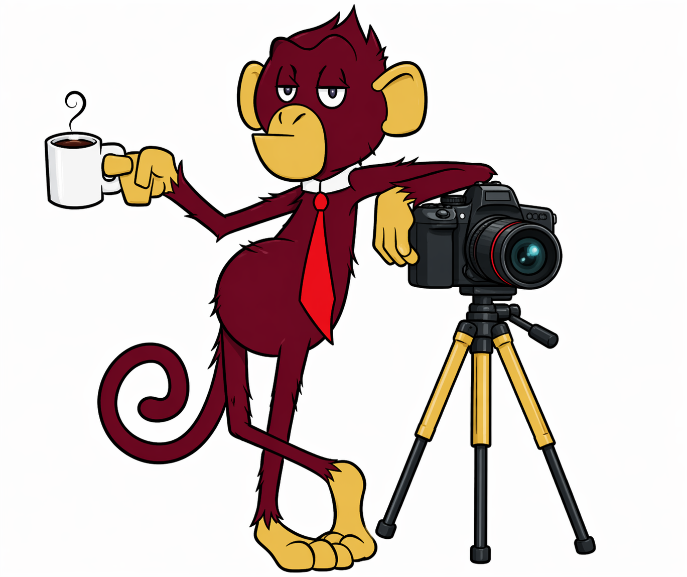 A cartoon monkey with reddish-brown fur, wearing a white collar and red tie, holding a coffee mug in one hand, resting its other arm on a professional camera on a tripod.