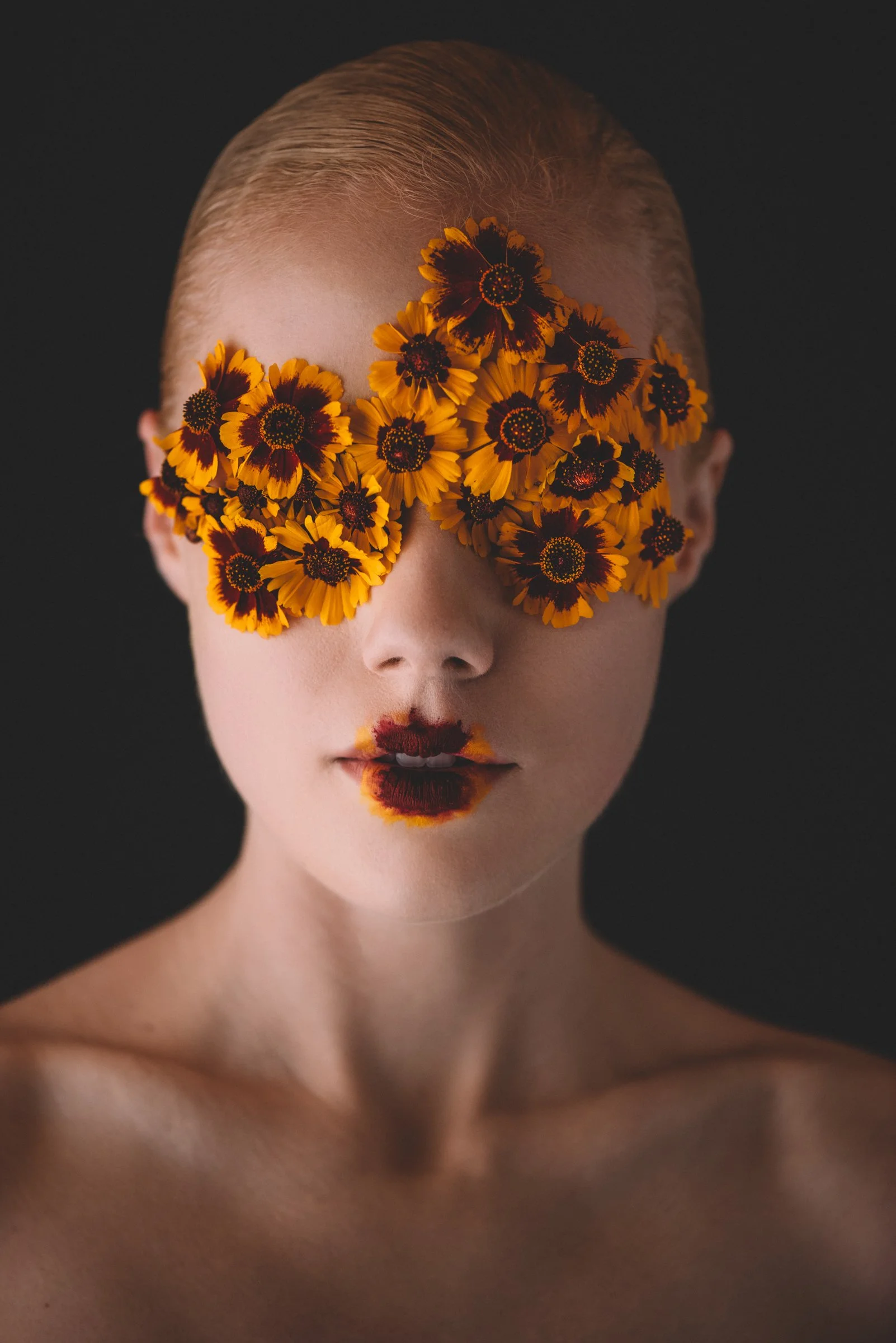 Fine art portrait with flowers over eyes, ethereal photography, Sacramento photographer Tim Engle