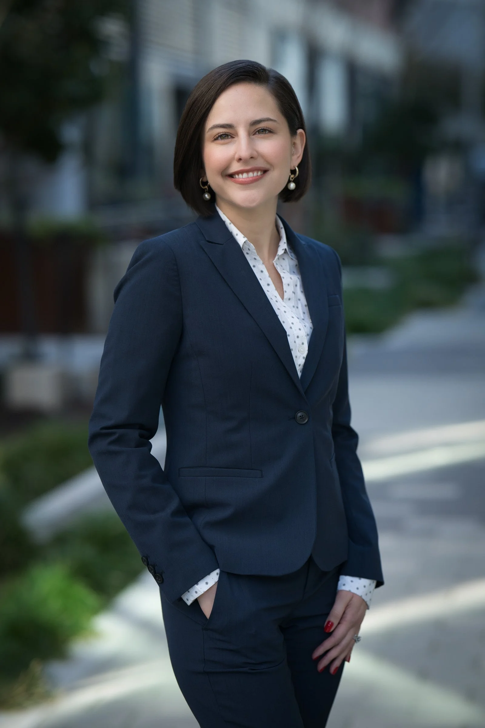 Women's corporate headshot in navy suit on-location outdoor portrait, Sacramento CA