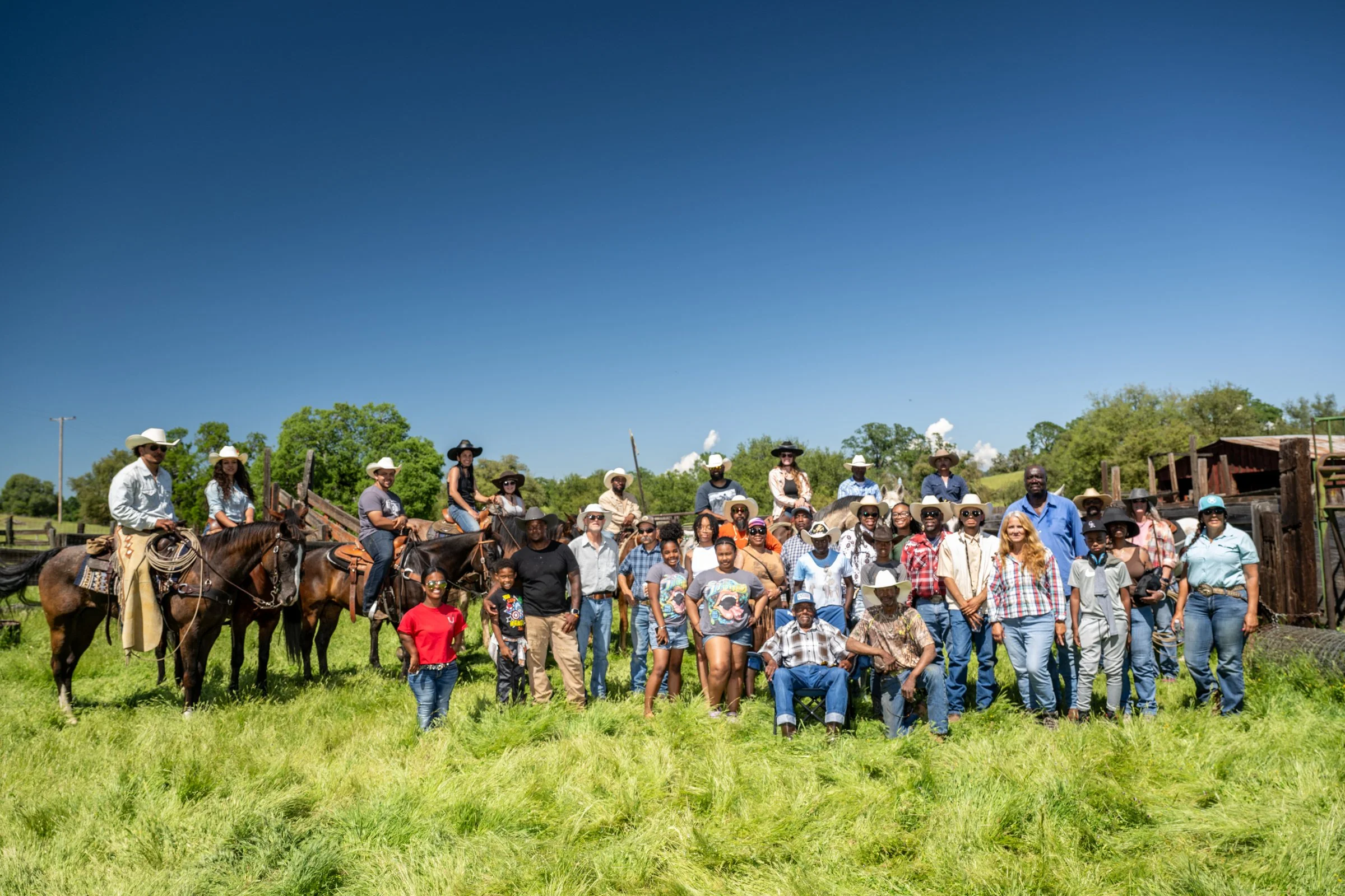 The Lonesome E Cattle Company community group portrait, Campbell family and cowboys, Madera County California
