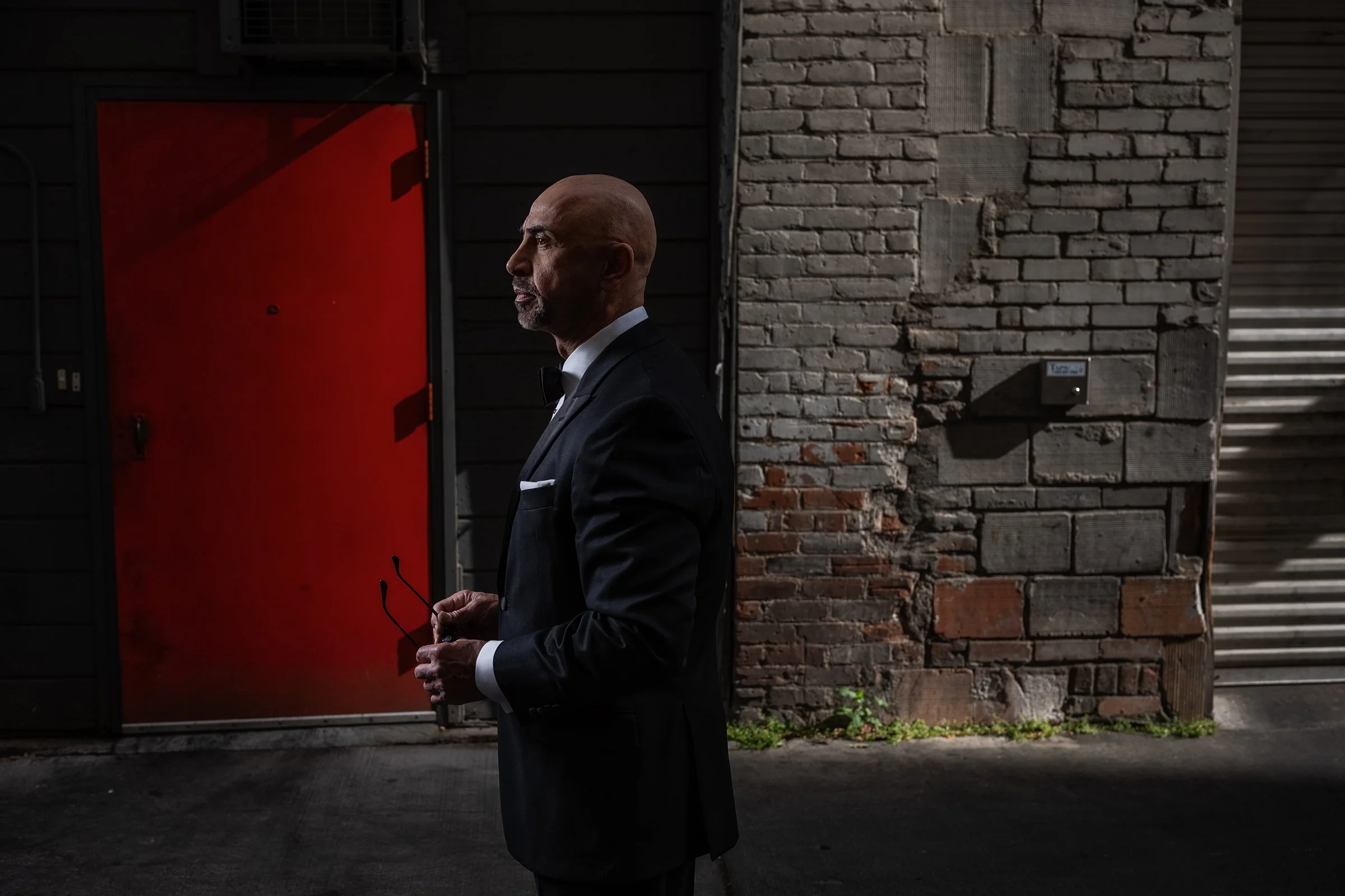 Downtown Sacramento portrait photography session with Sam Altawil using a single strobe and natural reflected light.