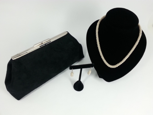 Jasmine - Suede Cloth Clutch w/ Coordinating Silver Hand Beaded Necklace and Earrings