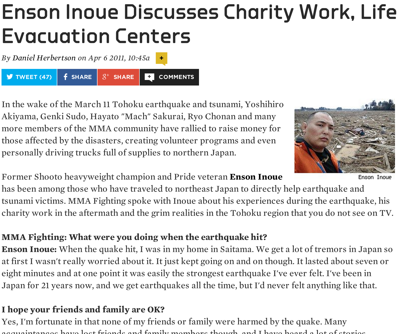 Enson Inoue Discusses Charity Work, Life in Evacuation Centers By Daniel Herbertson Apr 6, 2011