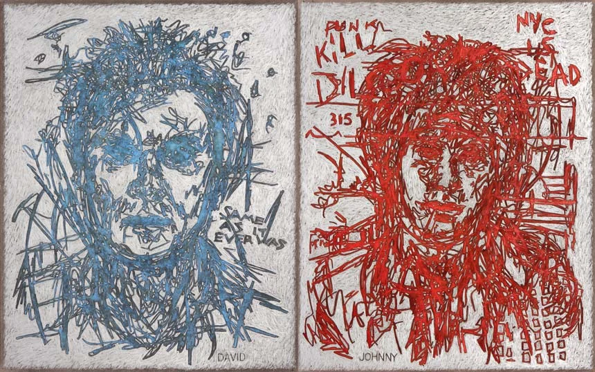 David and Johnny Colored pencil, watercolor and ink on board, 20" x 32", 2015