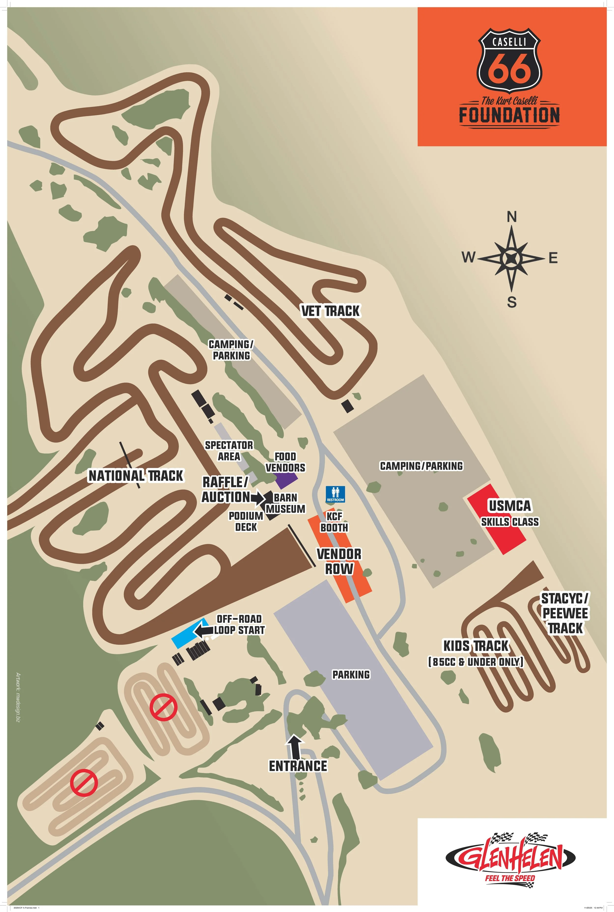 Glen Helen Raceway event map showing tracks, camping, vendor row, gate and parking