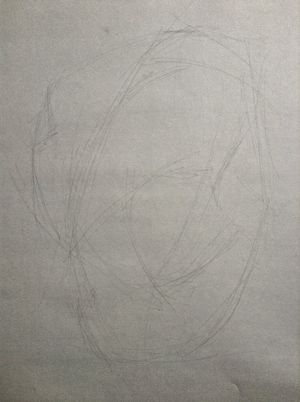  This is about 10 minutes in--the drawing is 18" or 20" tall, and the lines are all extremely loose. At this point I'm looking for lines that pick up lots of different points, e.g. a line that runs along the peak of the hair, the side of the face, an