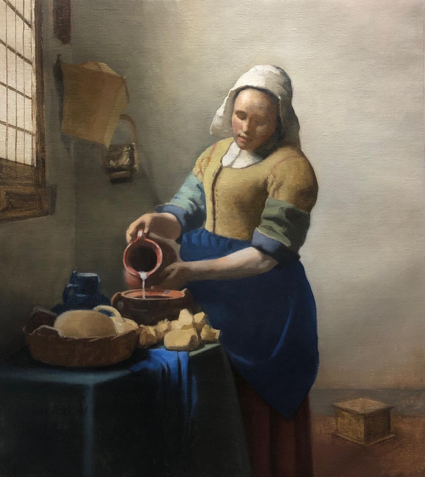 Copy of Vermeer&rsquo;s &ldquo;The Milkmaid&rdquo;
.
I&rsquo;m starting a master copy class with painting year students @grandcentralatelier next week, and it&rsquo;s got me thinking back on this copy I did last summer. I began with a charcoal drawin