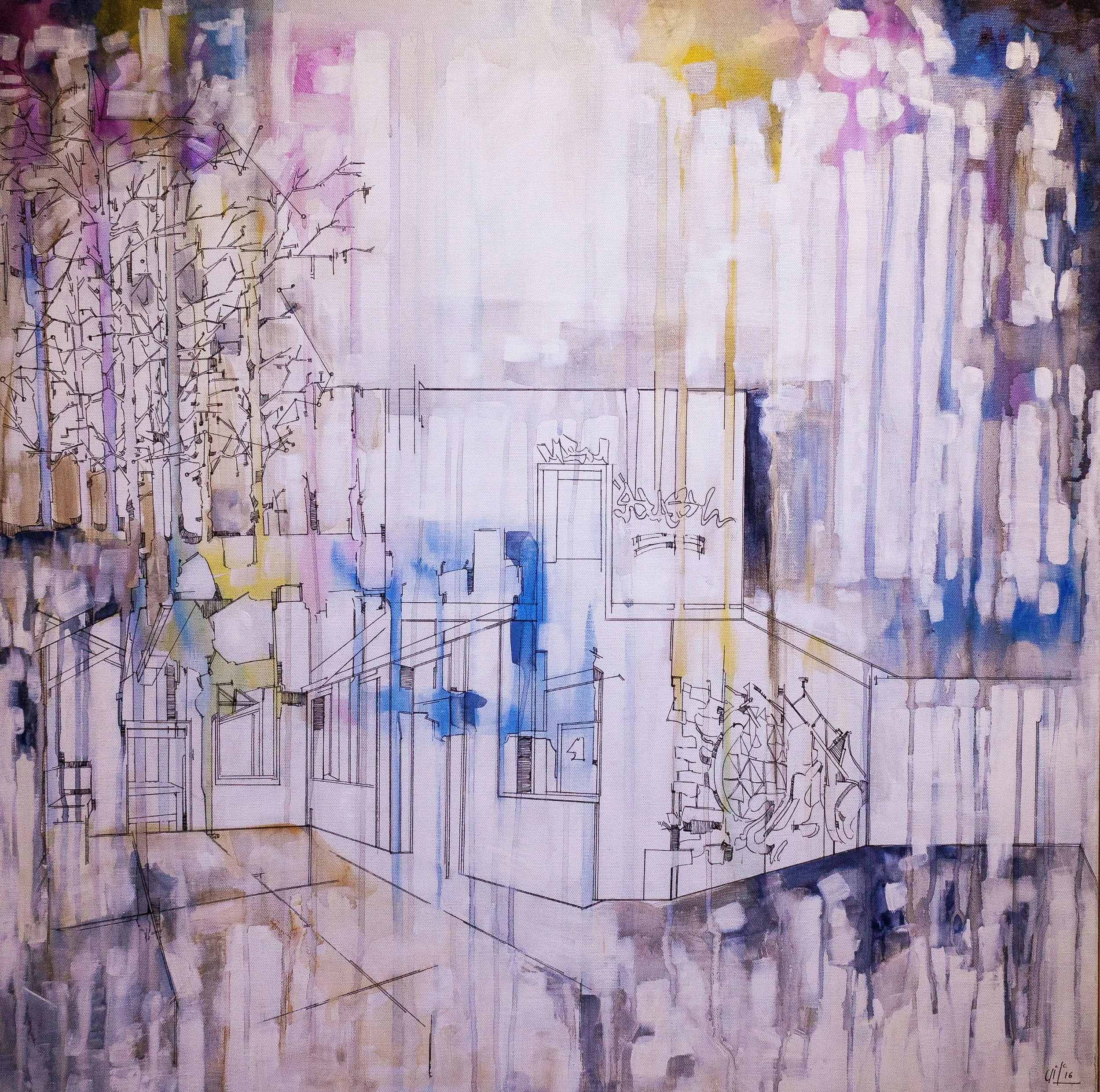 The running sky (80X80cm) Acrylic and ink on canvas (2016)