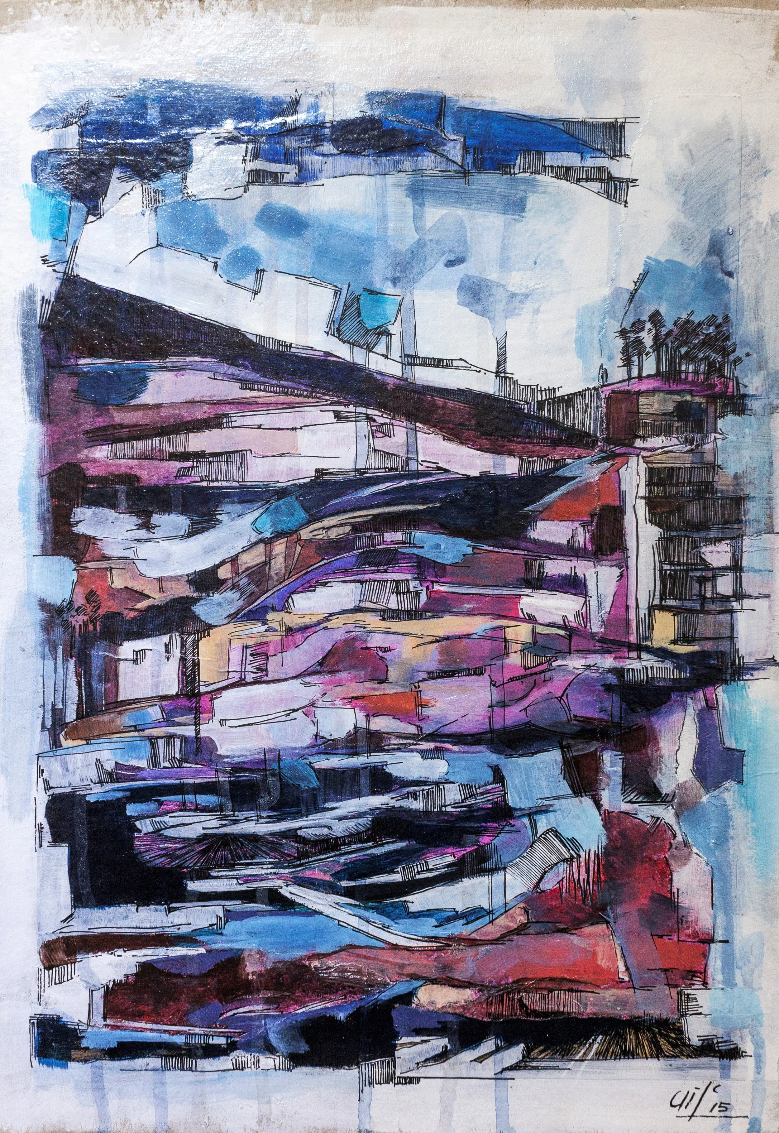 "Fields I" (30X42cm)  Mixed media and ink on Cardboard (2016)