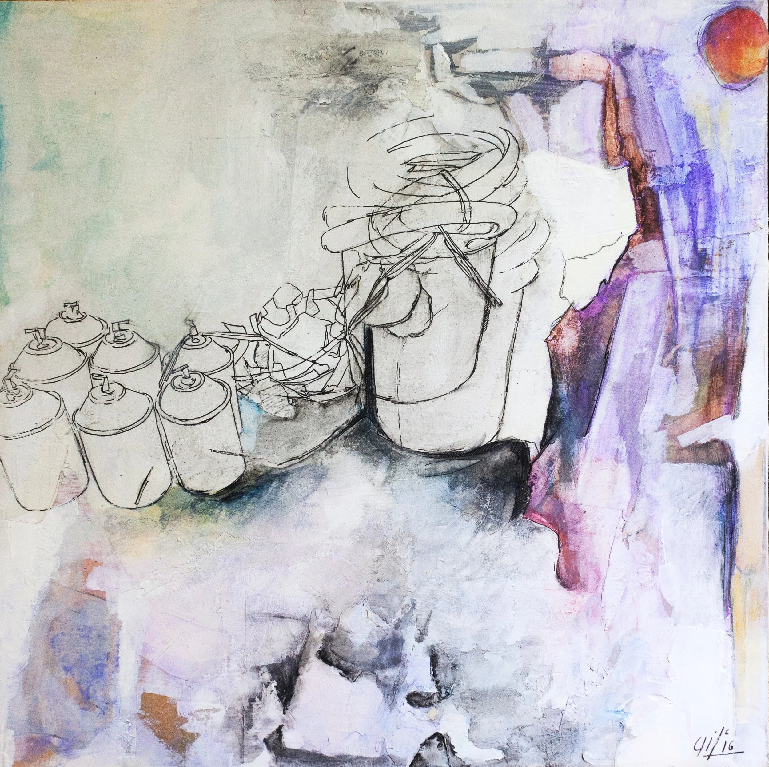 "Saving it for later I" (25X25cm)  Mixed media and ink on wood (2016)