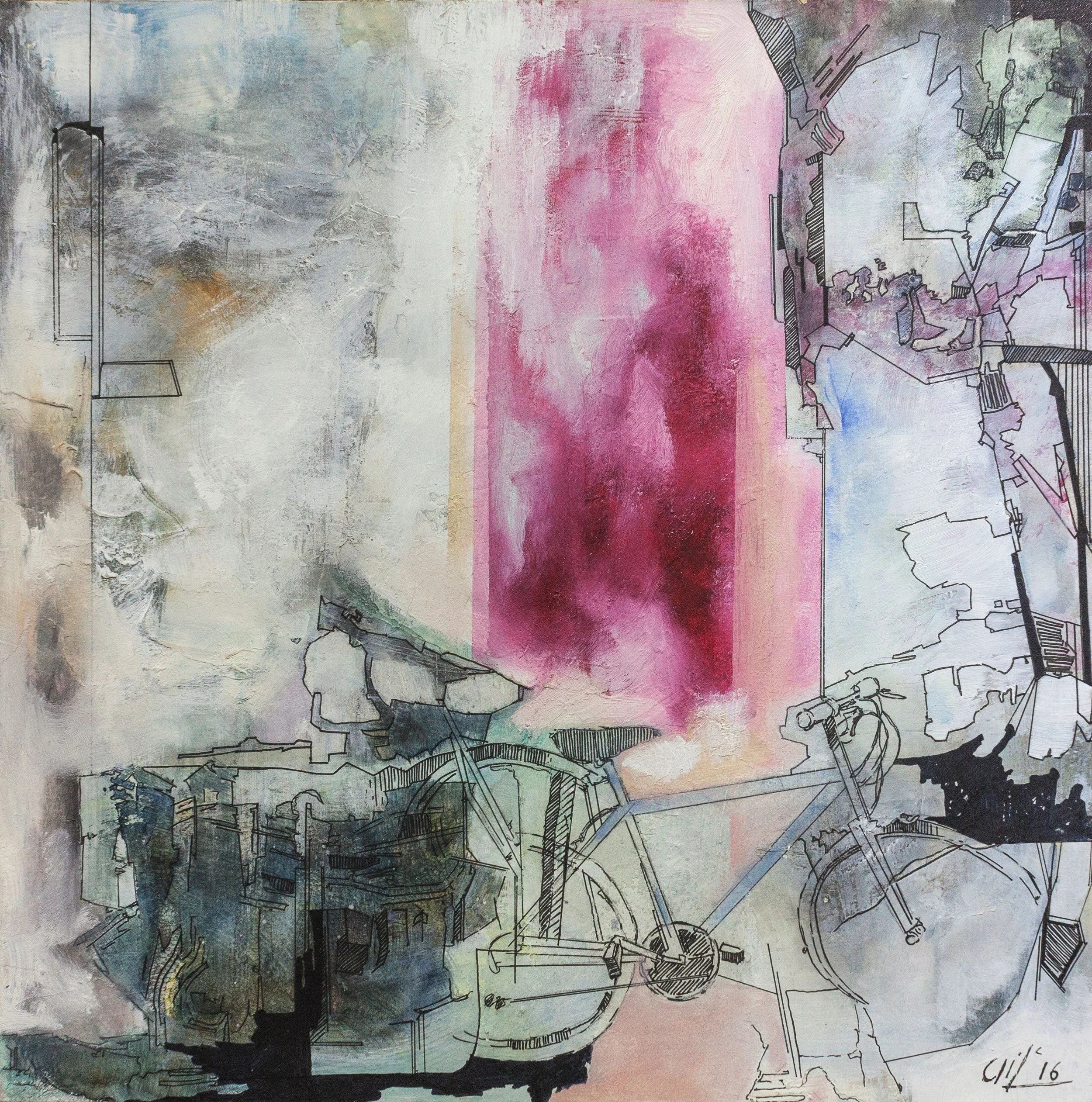 "Yard Sale II"  (25X25cm)  Mixed media and ink on wood (2016)