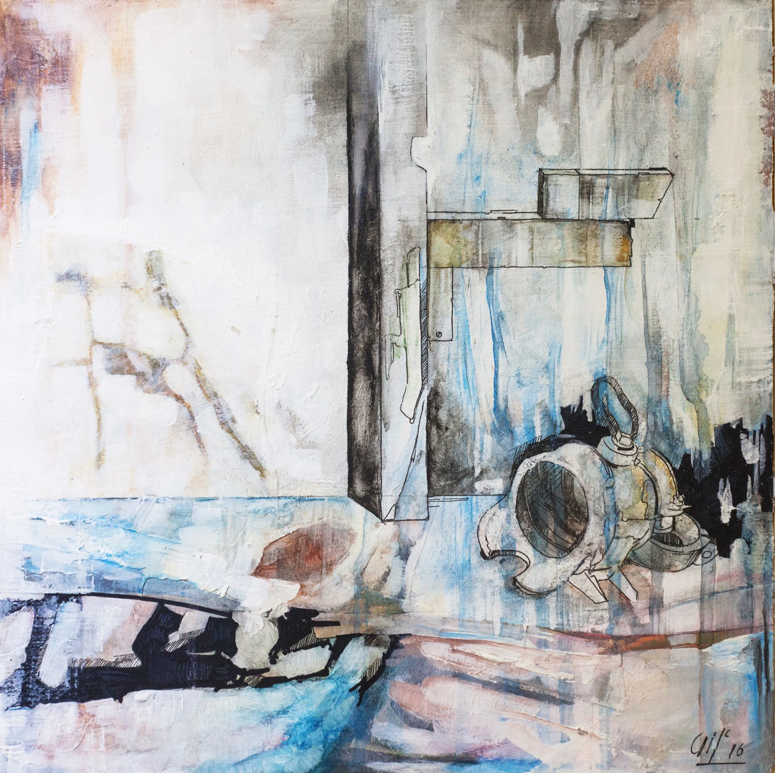 "Deadstock III" (25X25cm)  Mixed media and ink on wood (2016)