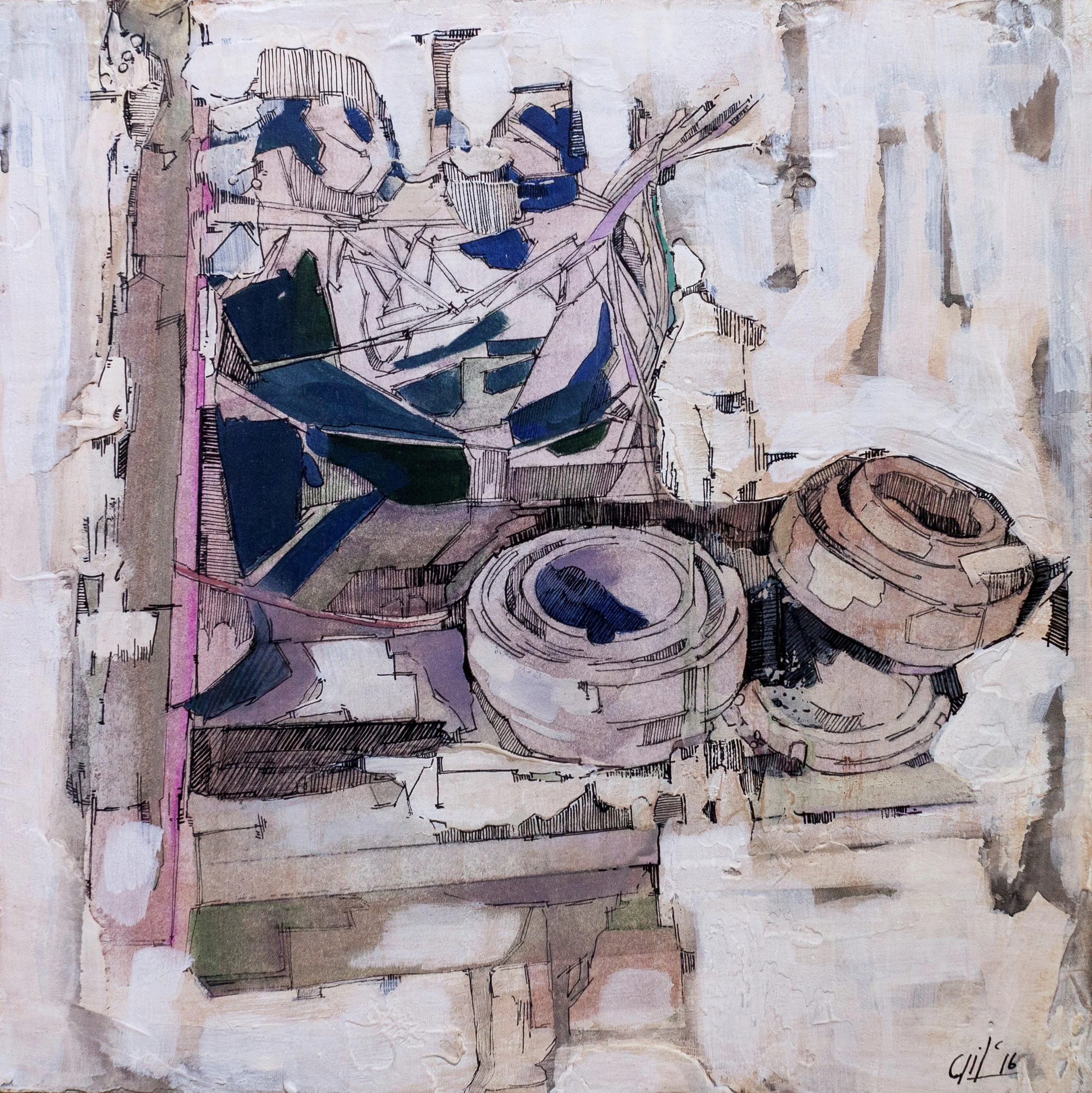 "Deadstock II" (25X25cm)  Mixed media and ink on wood (2016)