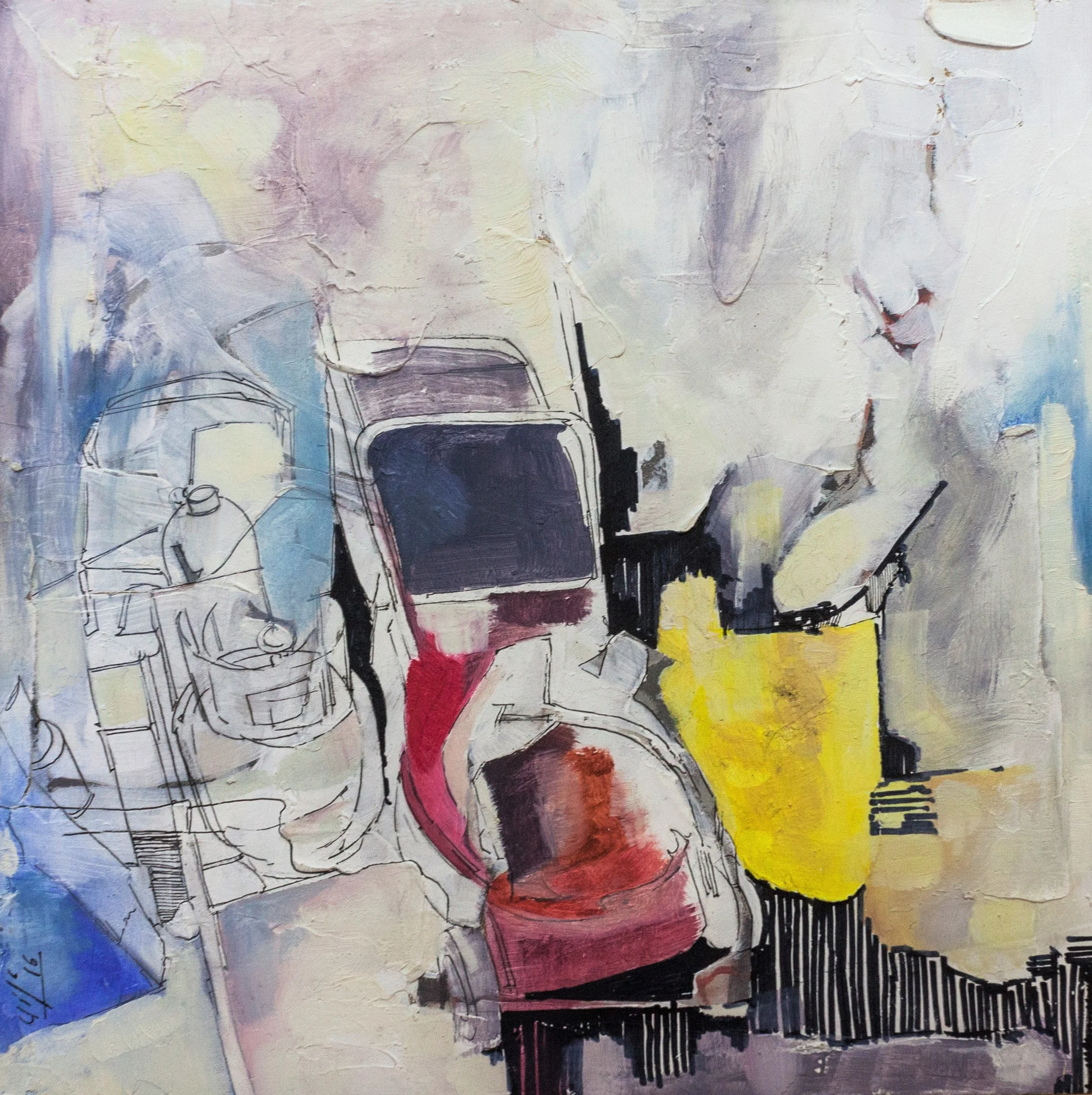 "Yard Sale I"  (25X25cm)  Mixed media and ink on wood (2016)