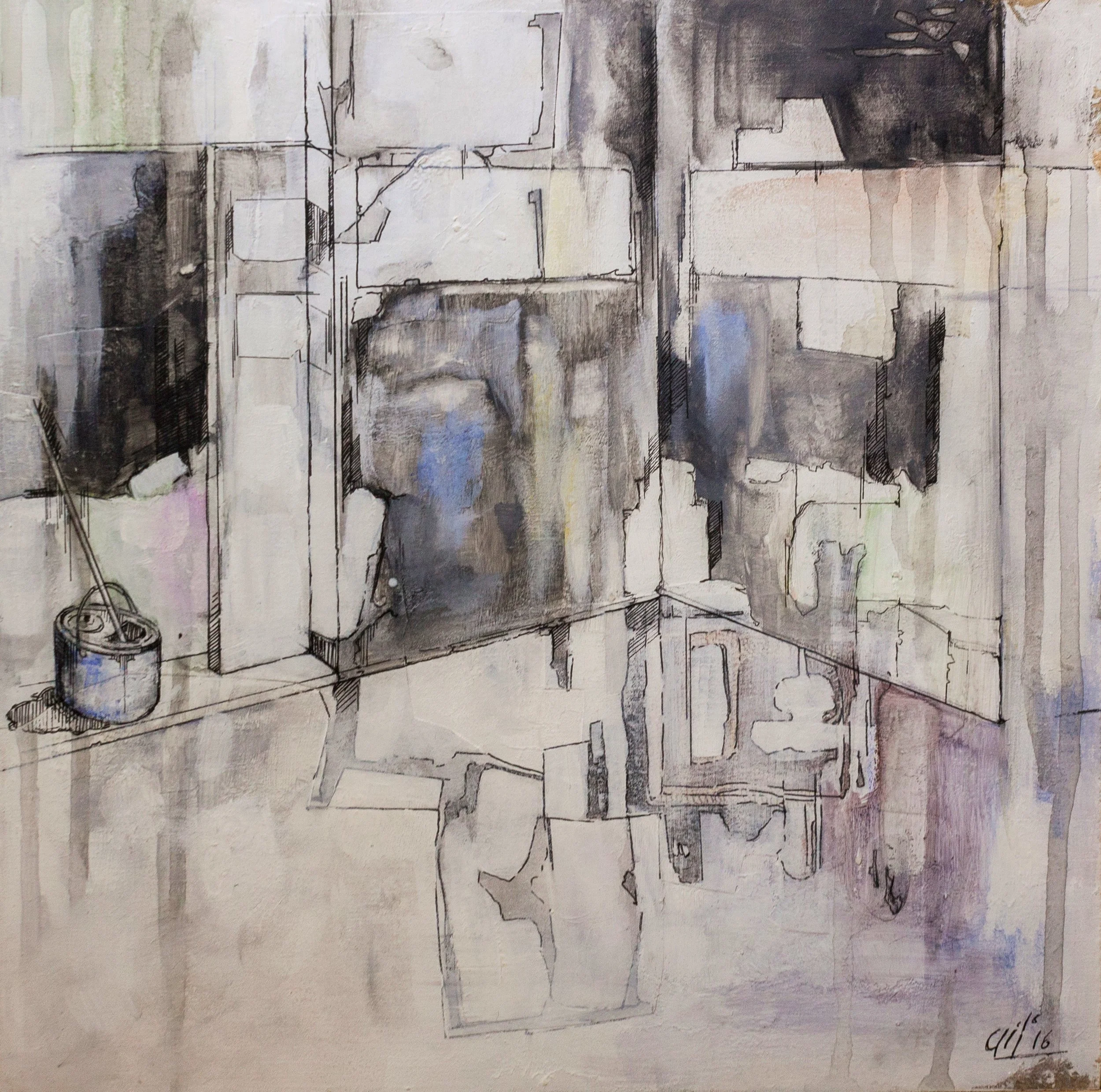 "Flood I" (25X25cm)  Mixed media and ink on wood (2016)