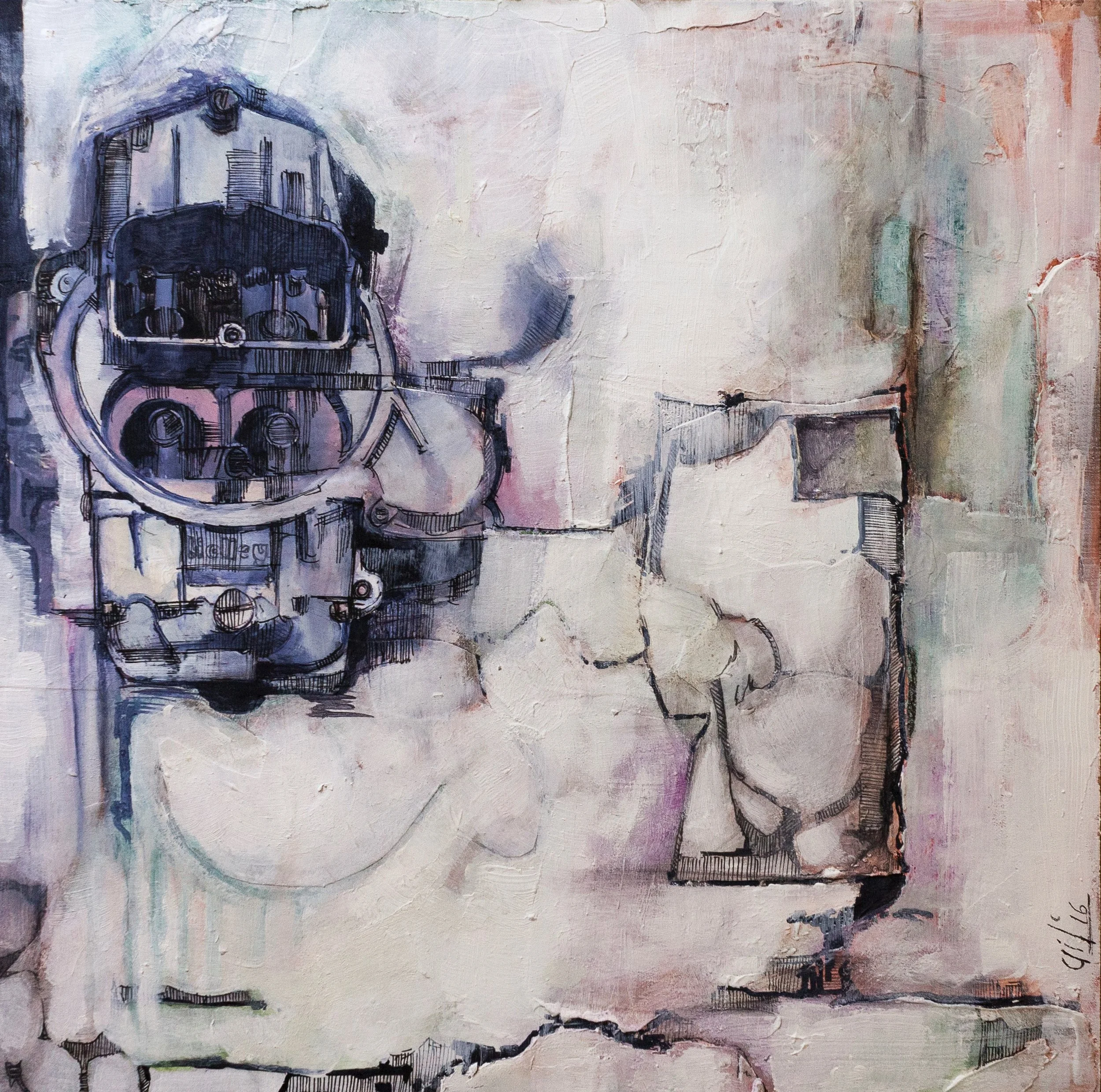 "Deadstock IV" (25X25cm)  Mixed media and ink on wood (2016)