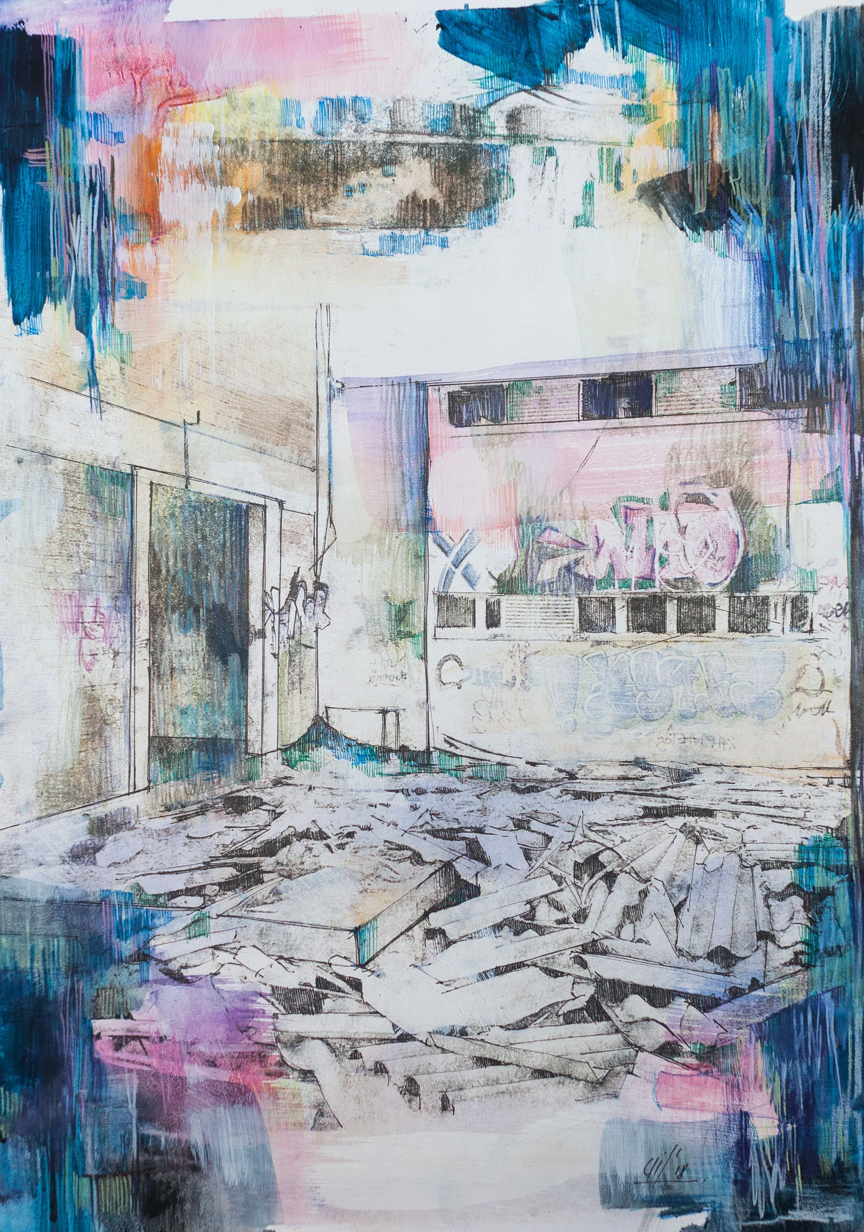 The Ceiling fell on the floor - Photo-transfer and mixed media on paper (30x42cm)