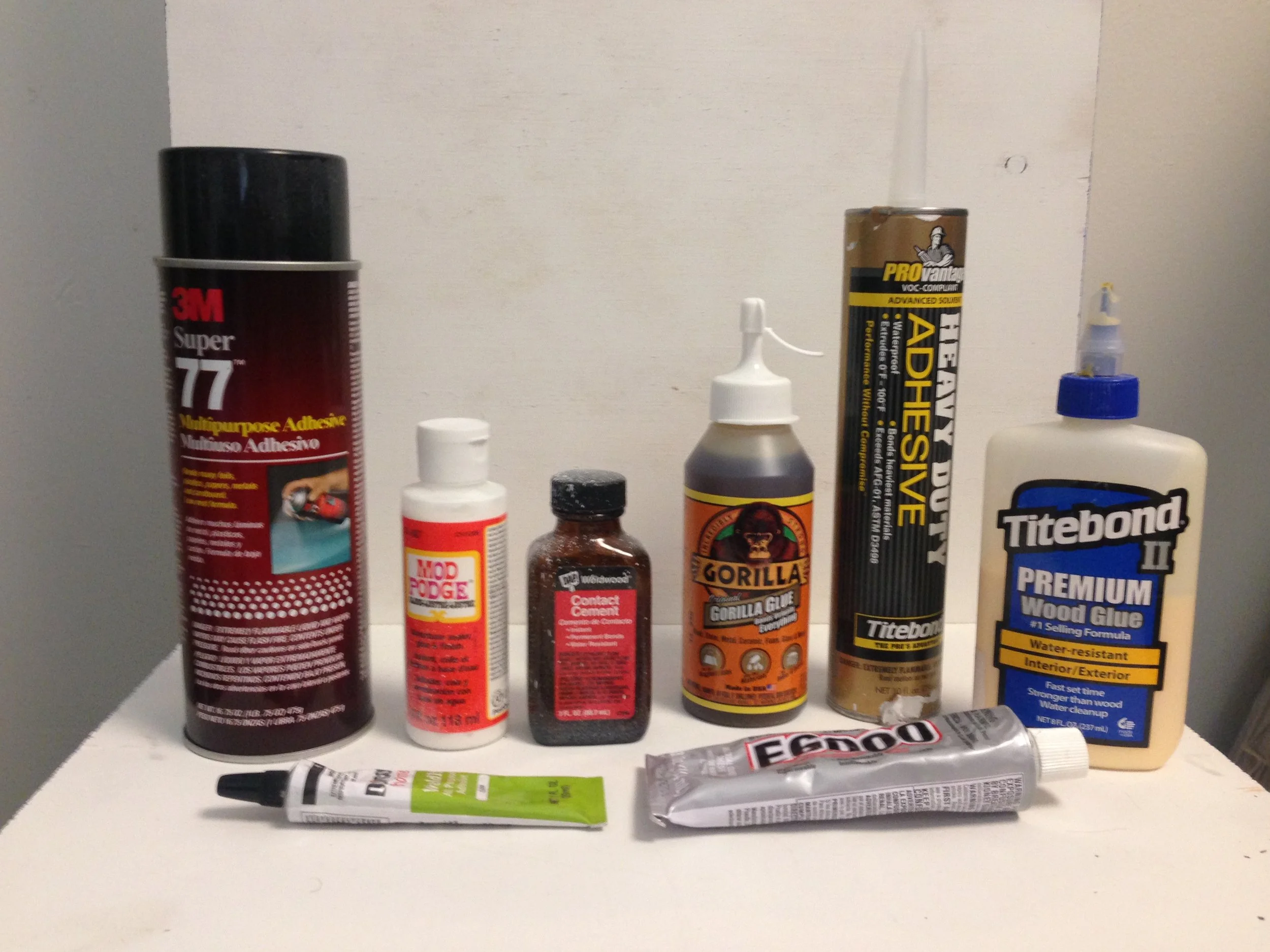  I experimented with eight different adhesives before deciding on the right one: Titebond II wood glue. 