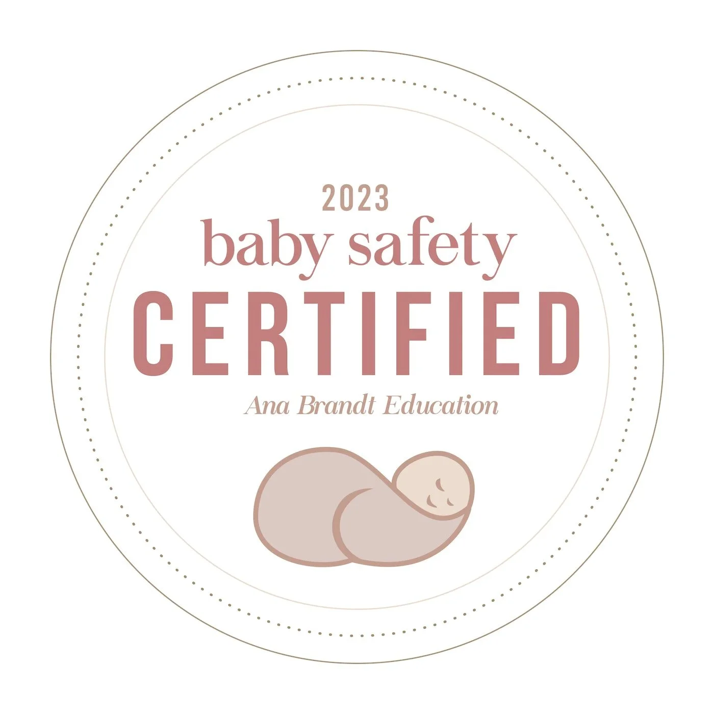 Baby safety certification badge for 2023 with a minimalist illustration of a sleeping baby