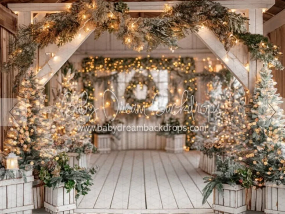 Festive holiday arch decorated with greenery, pinecones, and string lights leading to a backdrop of more string lights and greenery.