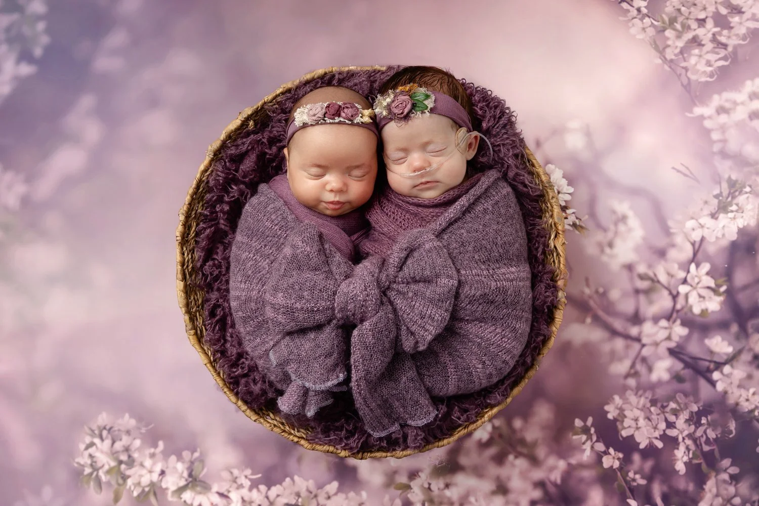Two sleeping babies, one with an oxygen tube, wrapped in purple blankets, lying in a basket on a purple dogwood flowered background.