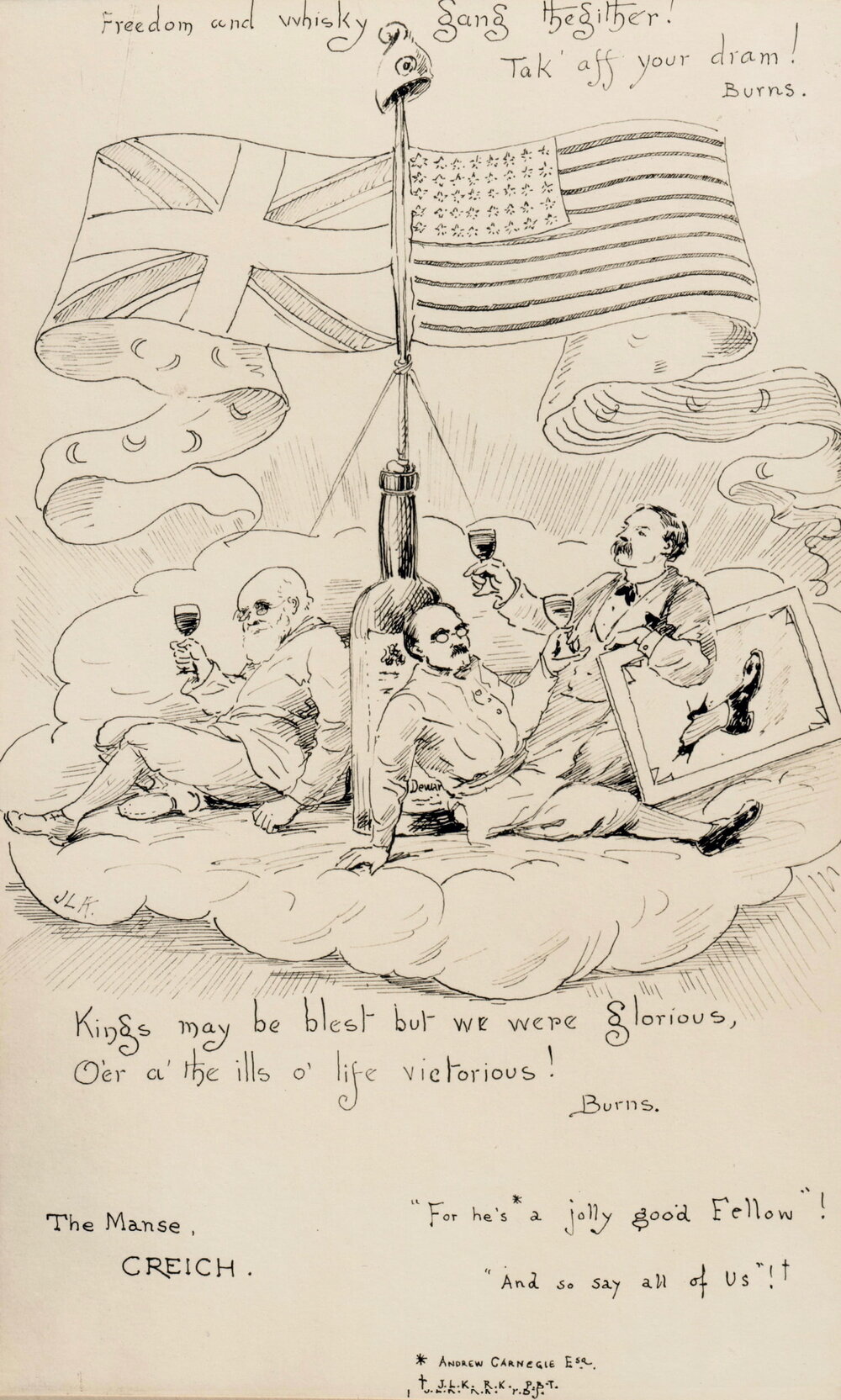  Photograph of a cartoon by Philip Burne-Jones showing Rudyard Kipling, his father and the artist himself perched upon a cloud around a gigantic bottle, all raising a glass in honour of Andrew Carnegie. (Original is still in the family collection) 