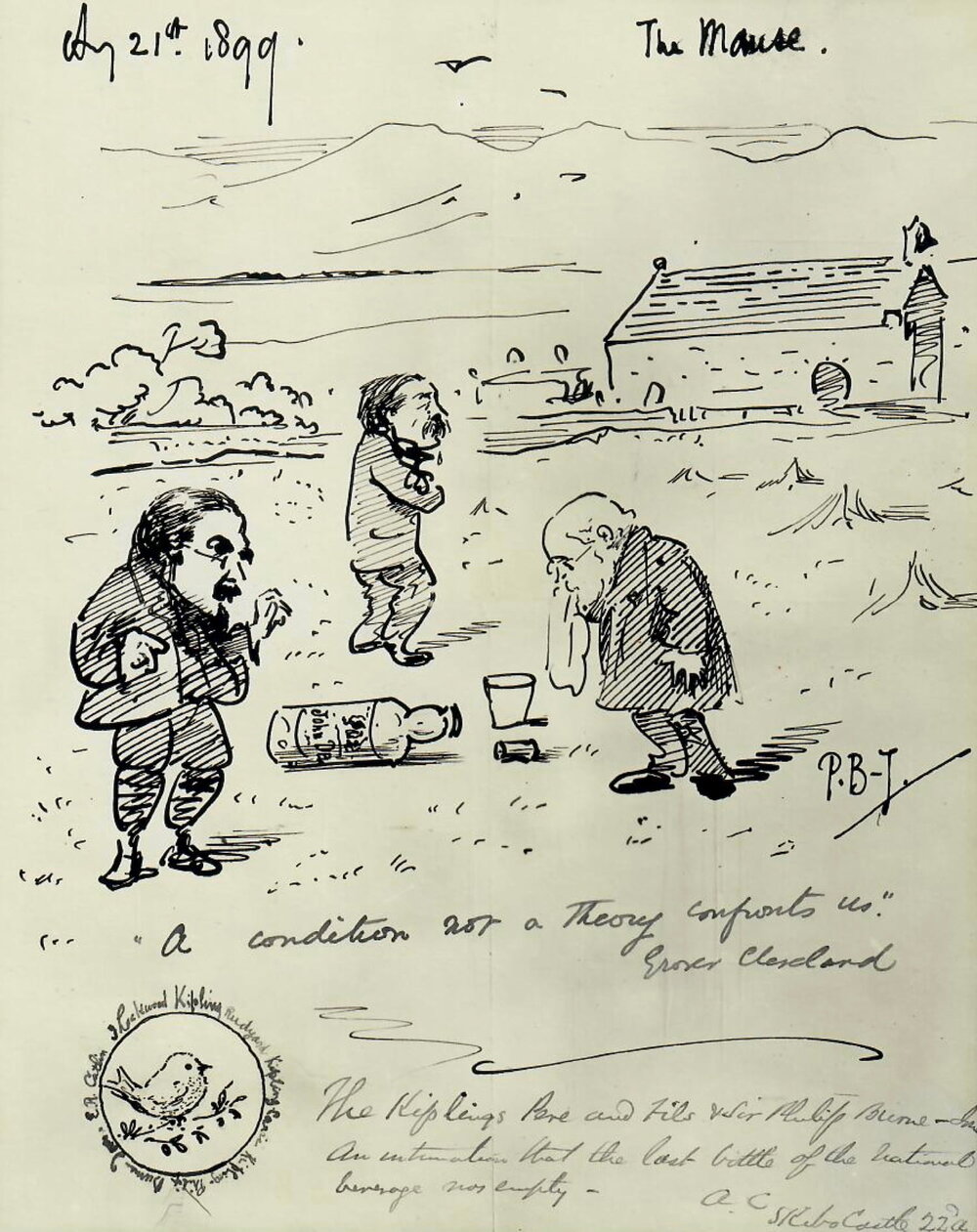  Photograph of a cartoon by Philip Burne-Jones showing three men (Kipling, his father and Burne-Jones) gloomily standing around an empty whisky bottle. (Original is still in the family collection) 