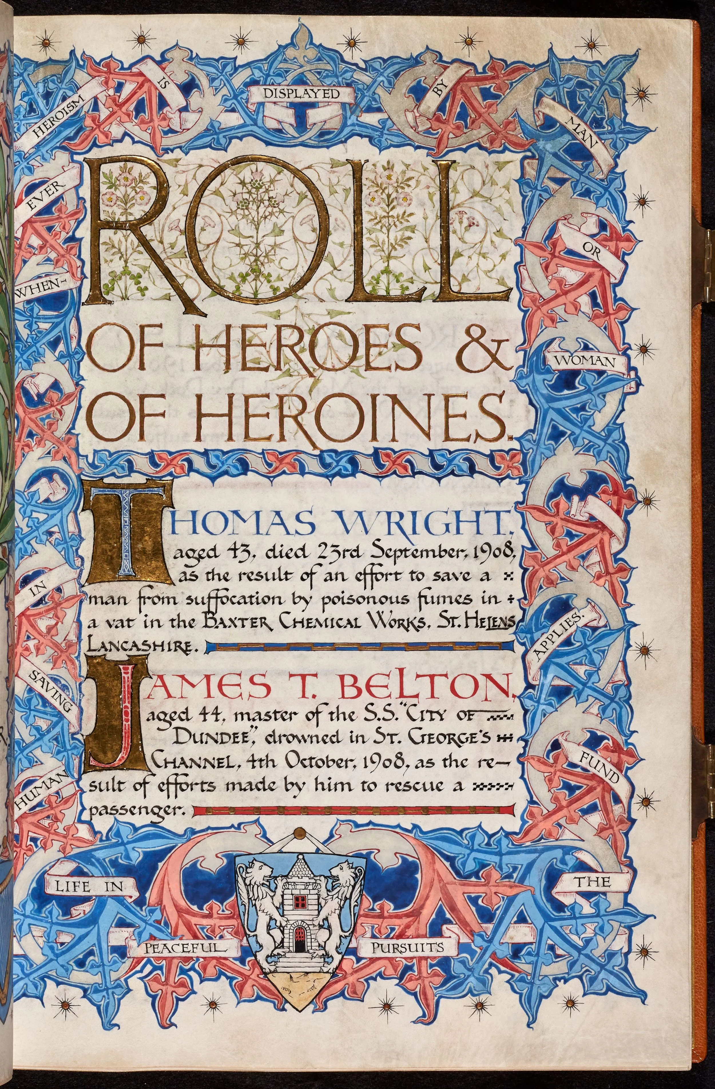 Image of the second page of the Carnegie Hero Roll book. Displaying the first two entries into the book, with ornate gold lettering, decorated by the same red, white and blue border.