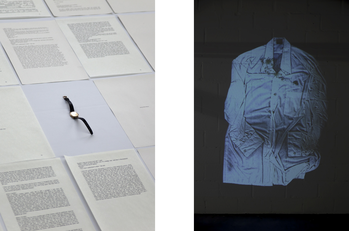 Story of Doubt, detail from tableau, text and object + photographic projection of Grandfather's shirt