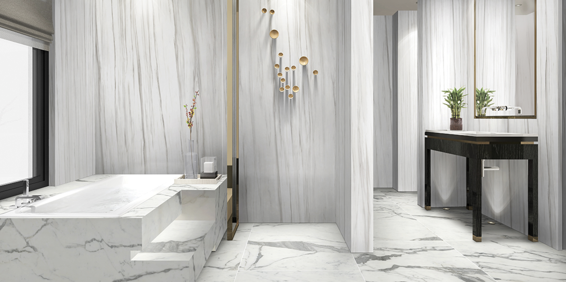 Wall application: Carrara Zebrino Floor & tub application: White Statuario