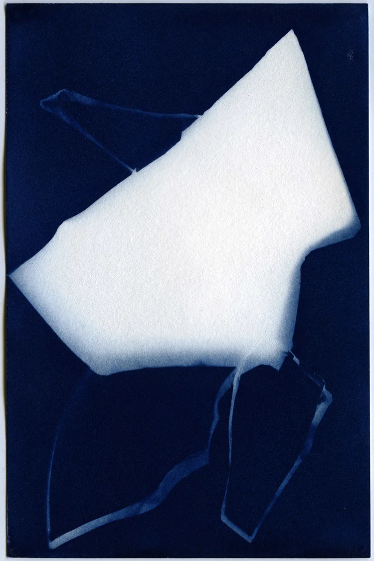 5 pieces from Shards 50 in total, each 4x6” individually numbered cyanotype on watercolor paper, unique