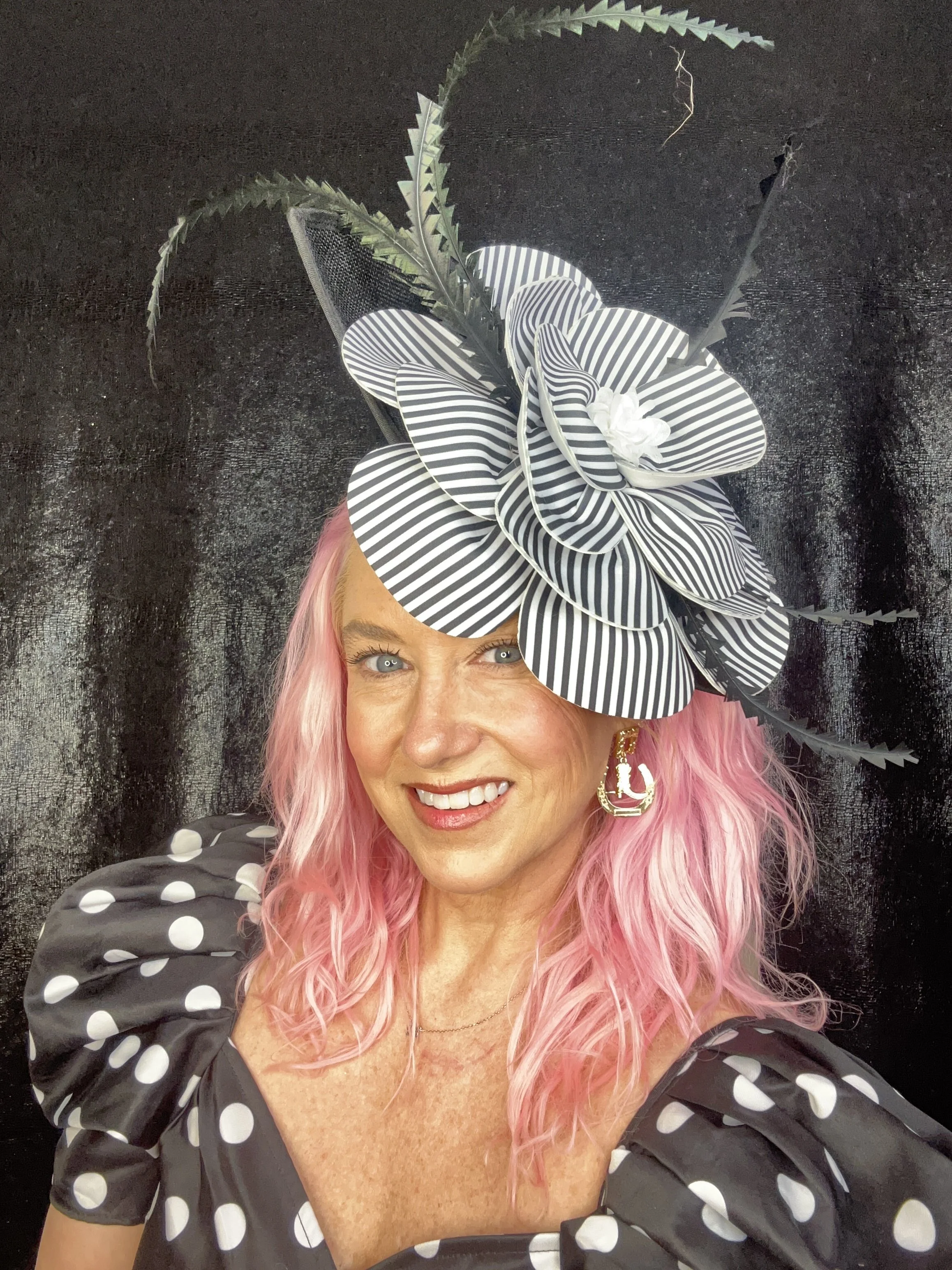 Striped Floral Fascinator with Feather Accents