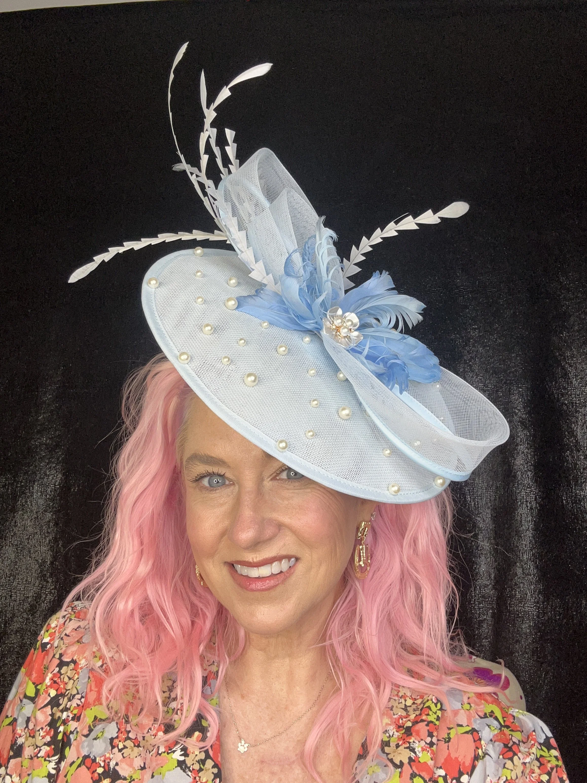 Elegant Sky Blue Fascinator with Pearl Detailing