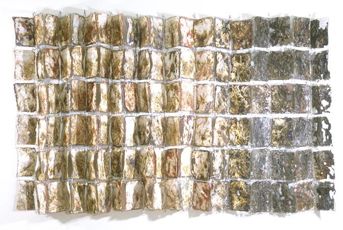 "Discussion and Conclusion (Wire Quilt)" 72" x 118" x 10"; Scientific papers, wire, glues, sewing, burning; 1997