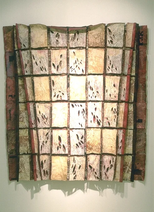 "The Rites of Science (ii) Communication (Fax Quilt)" 74" x 62" x 6"; Faxes, gauze, paint, graphite, waxed linen, ironing, sewing, burning; 1993