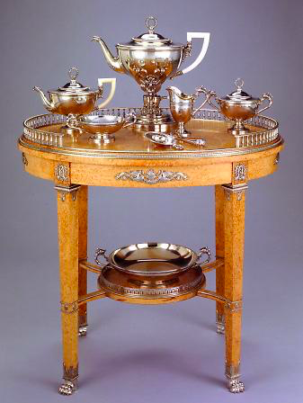 Peter Carl Fabergè (Russian, 1846–1920). Julius Alexandrovitch Rappoport (workmaster). Tea Service with Tea Table, 1896–1908. Silvergilt, Karelian birch, ivory. Gift of Victoria Melita, Grand Duchess Kyrill of Russia, through Alma de Bretteville Spreckels. 1945.355-357.